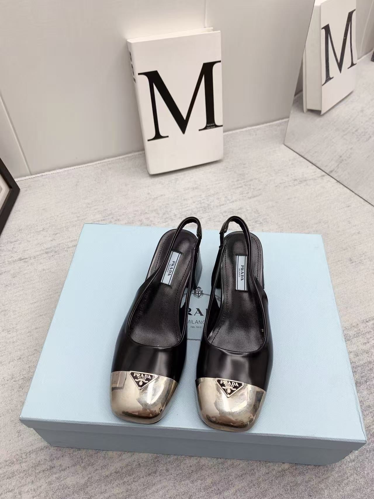 Prada 2026 Mary Jane Sandals 55 Black Metallic Silver Sheepskin 731165