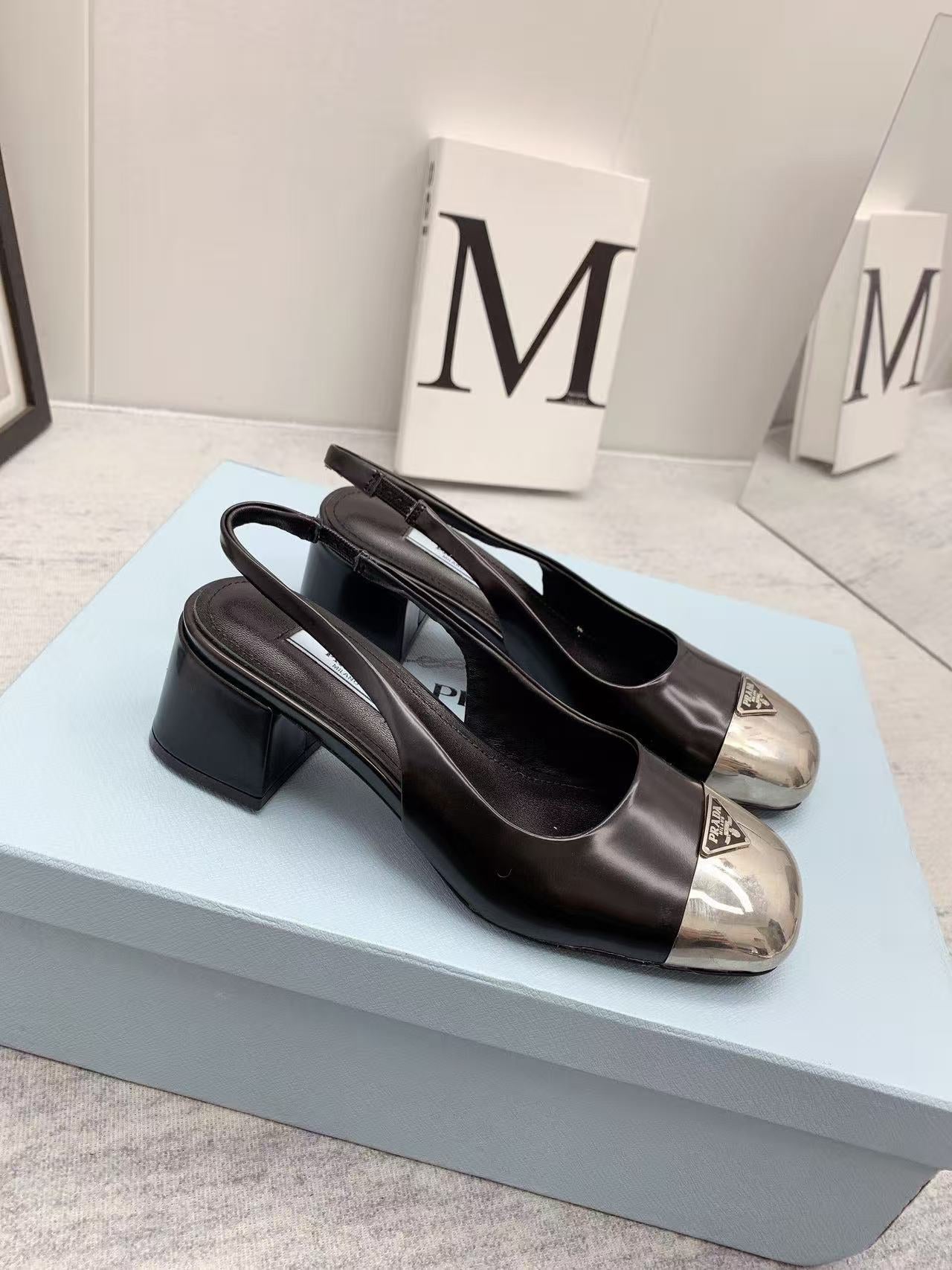 Prada 2026 Mary Jane Sandals 55 Black Metallic Silver Sheepskin 731165
