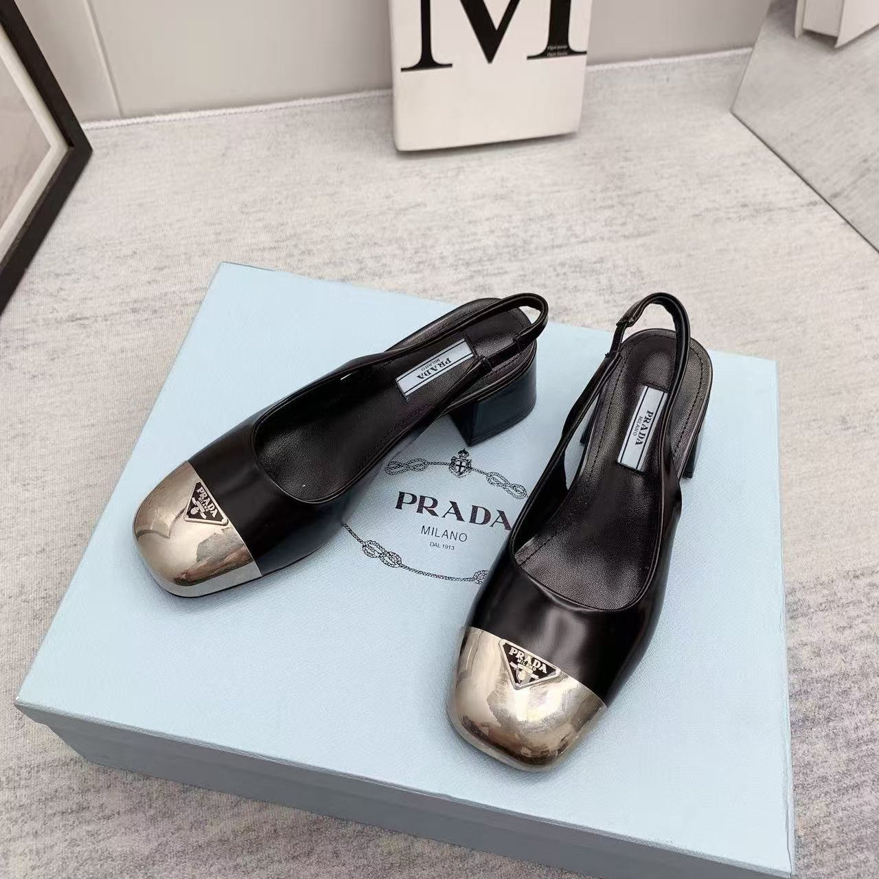 Prada 2026 Mary Jane Sandals 55 Black Metallic Silver Sheepskin 731165