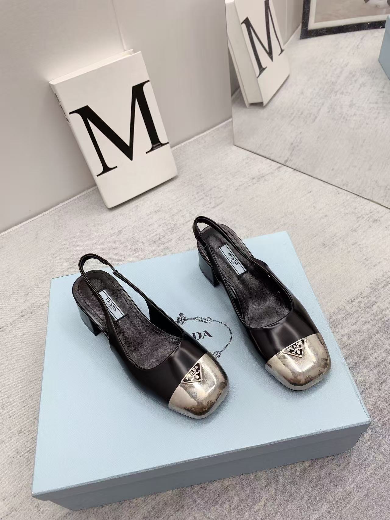 Prada 2026 Mary Jane Sandals 55 Black Metallic Silver Sheepskin 731165