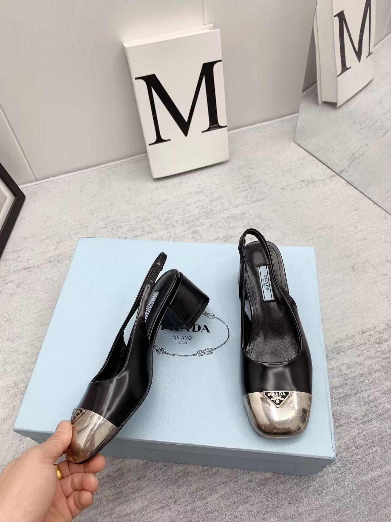 Prada 2026 Mary Jane Sandals 55 Black Metallic Silver Sheepskin 731165