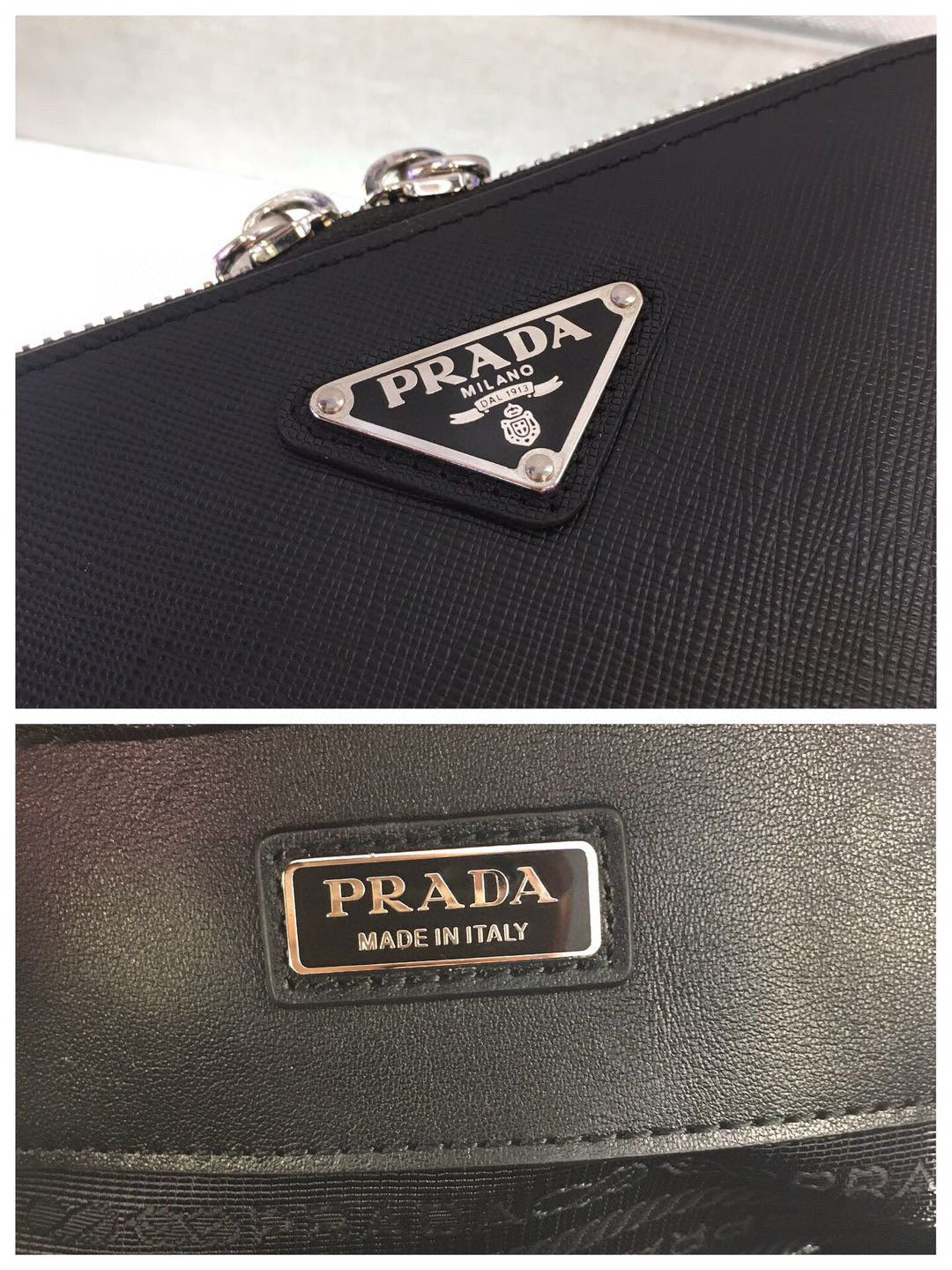 PRA CAMERA BAG 18CM IN BLACK TRIANGLE PATTERN COWHIDE SILVER HARDWARE