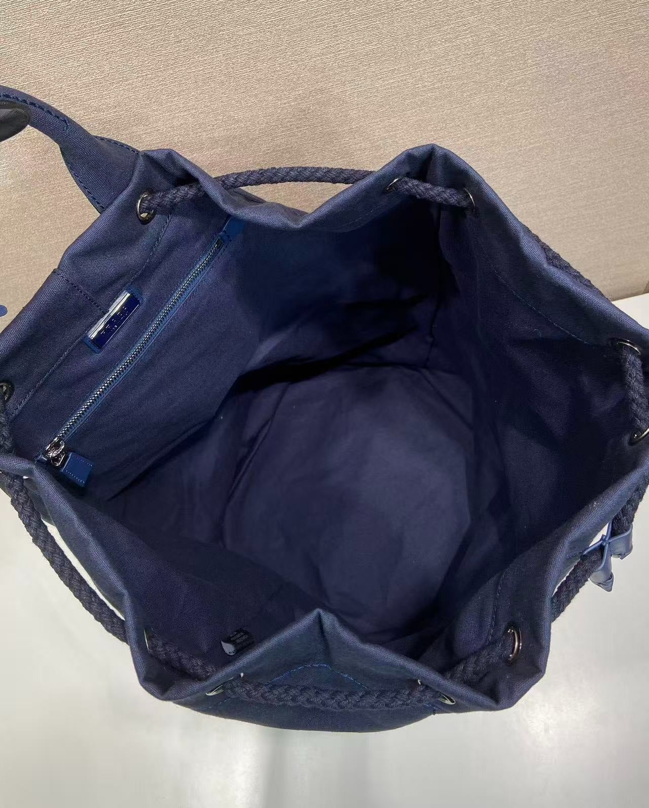 Prada 25s Drawstring Backpack 55 In Navy Blue Canvas Linen