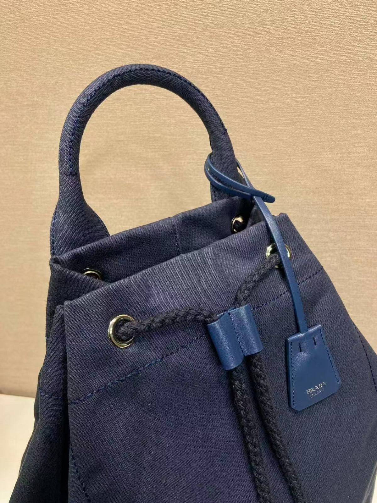 Prada 25s Drawstring Backpack 55 In Navy Blue Canvas Linen