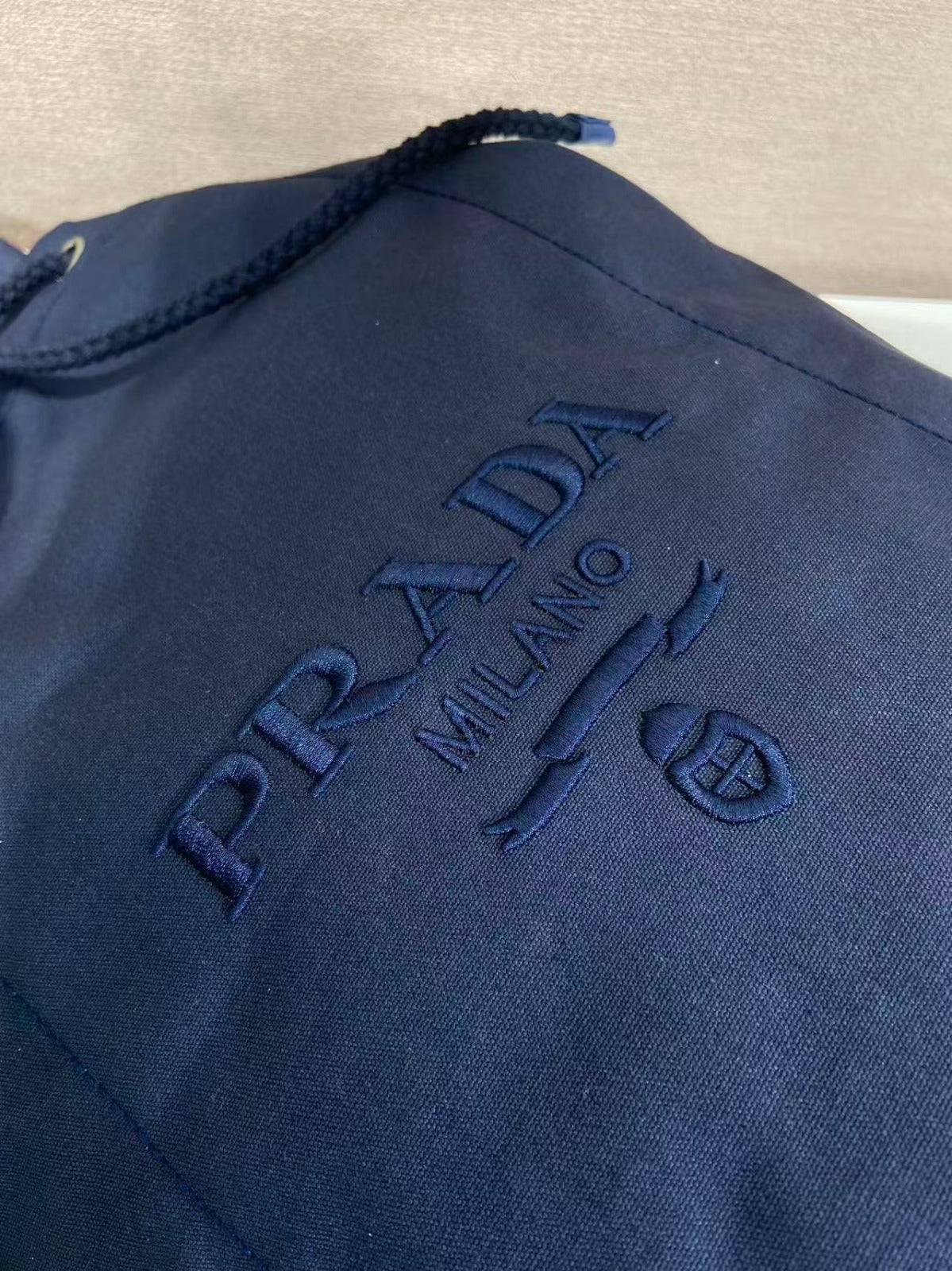 Prada 25s Drawstring Backpack 55 In Navy Blue Canvas Linen