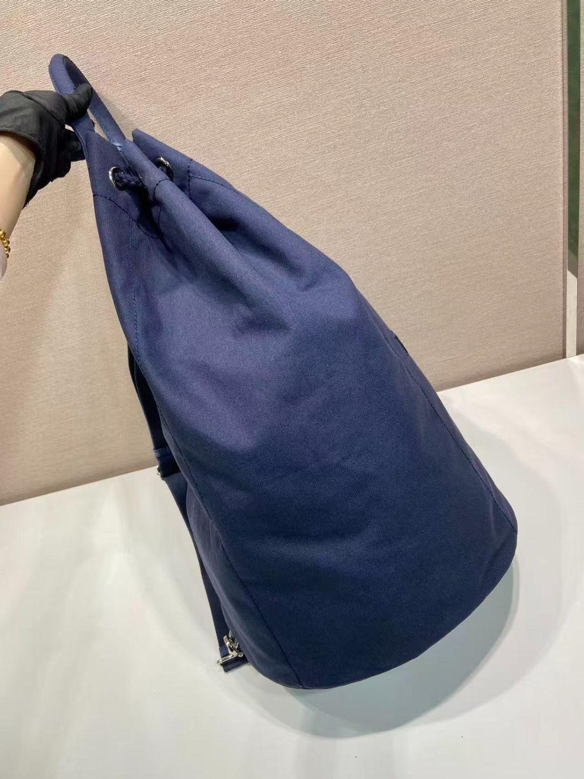 Prada 25s Drawstring Backpack 55 In Navy Blue Canvas Linen