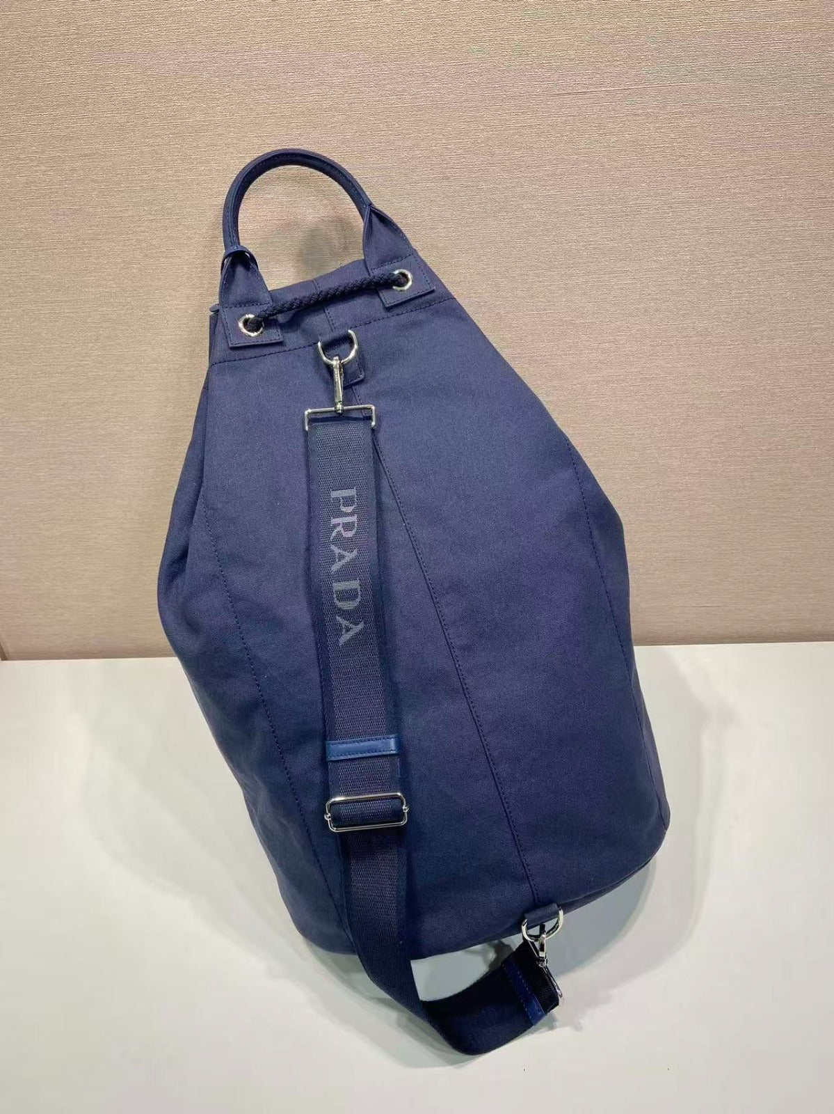 Prada 25s Drawstring Backpack 55 In Navy Blue Canvas Linen