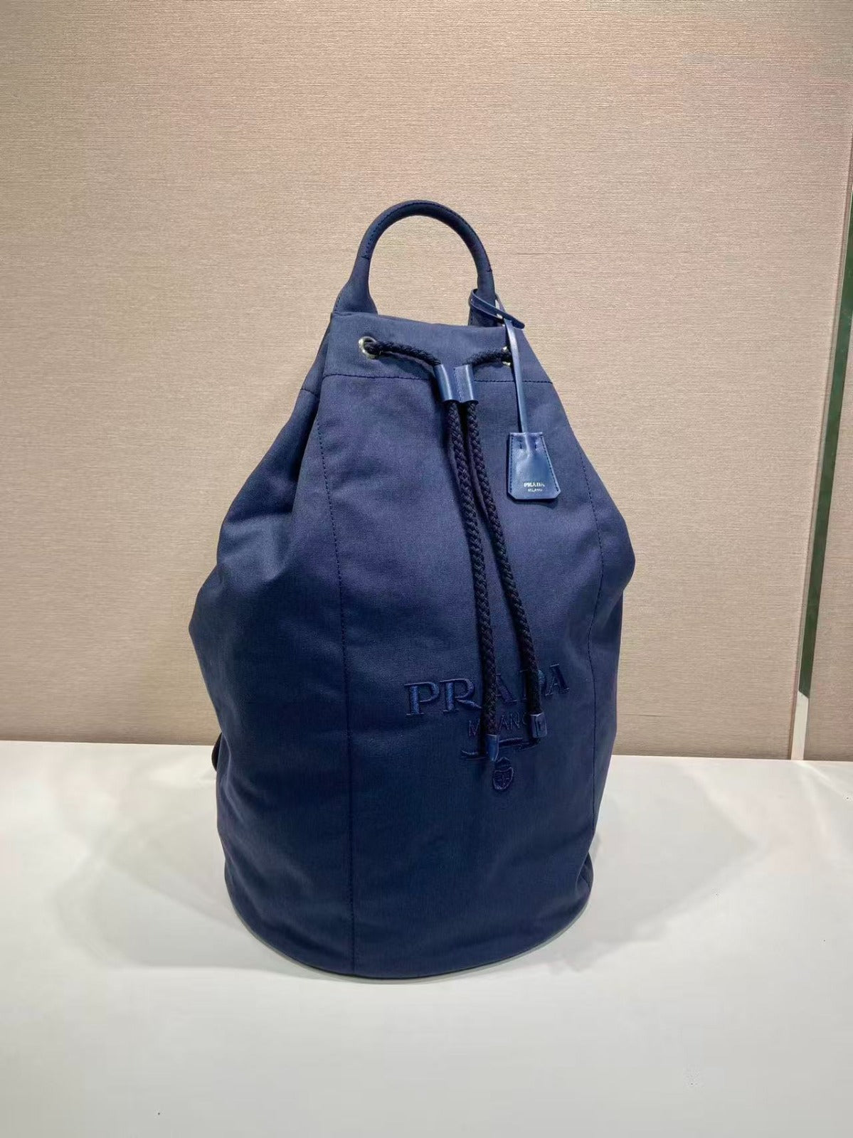 Prada 25s Drawstring Backpack 55 In Navy Blue Canvas Linen