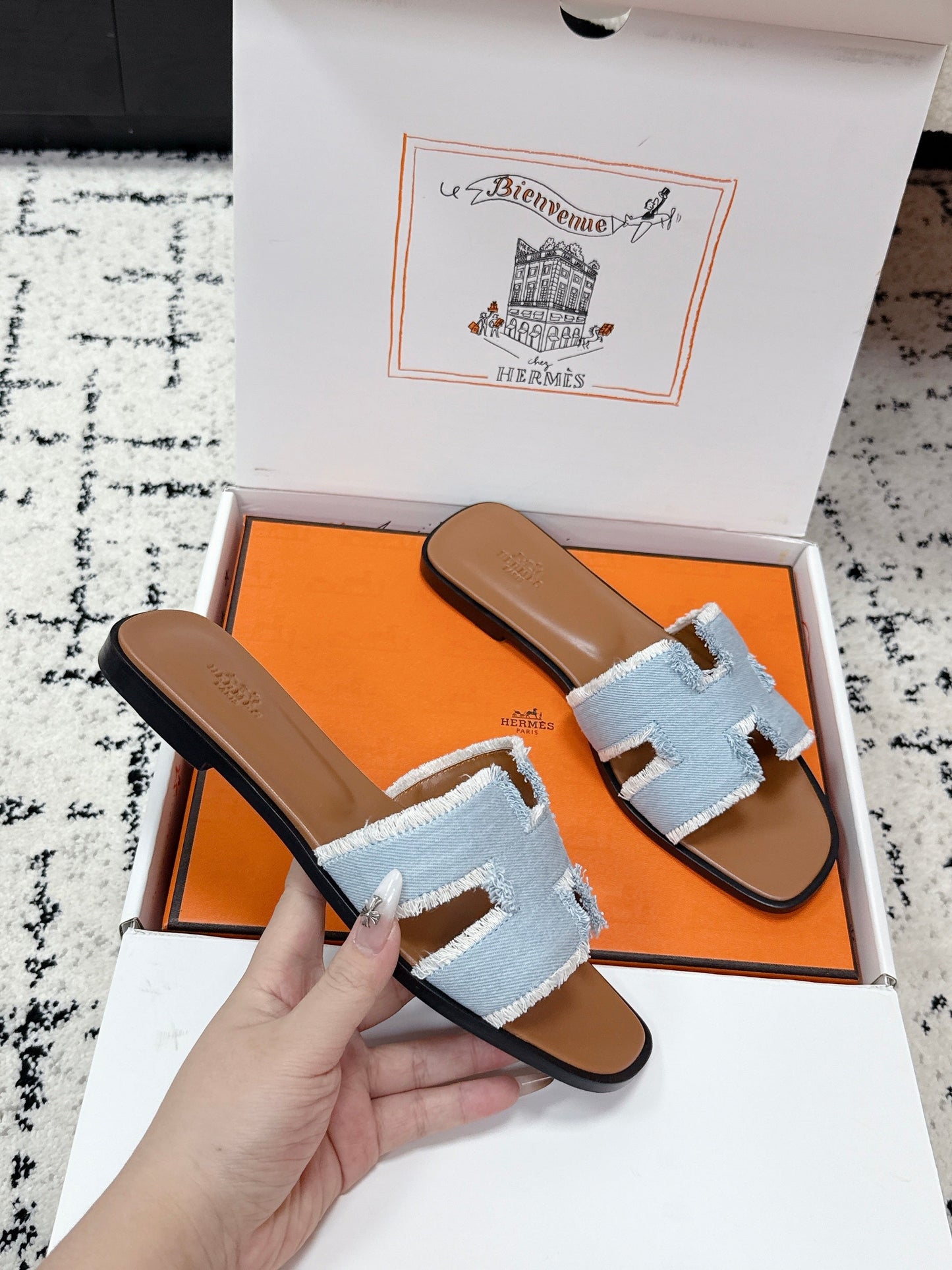 HM 26ss Oran Sandals Light Blue Brown Denim Cowhide 617211