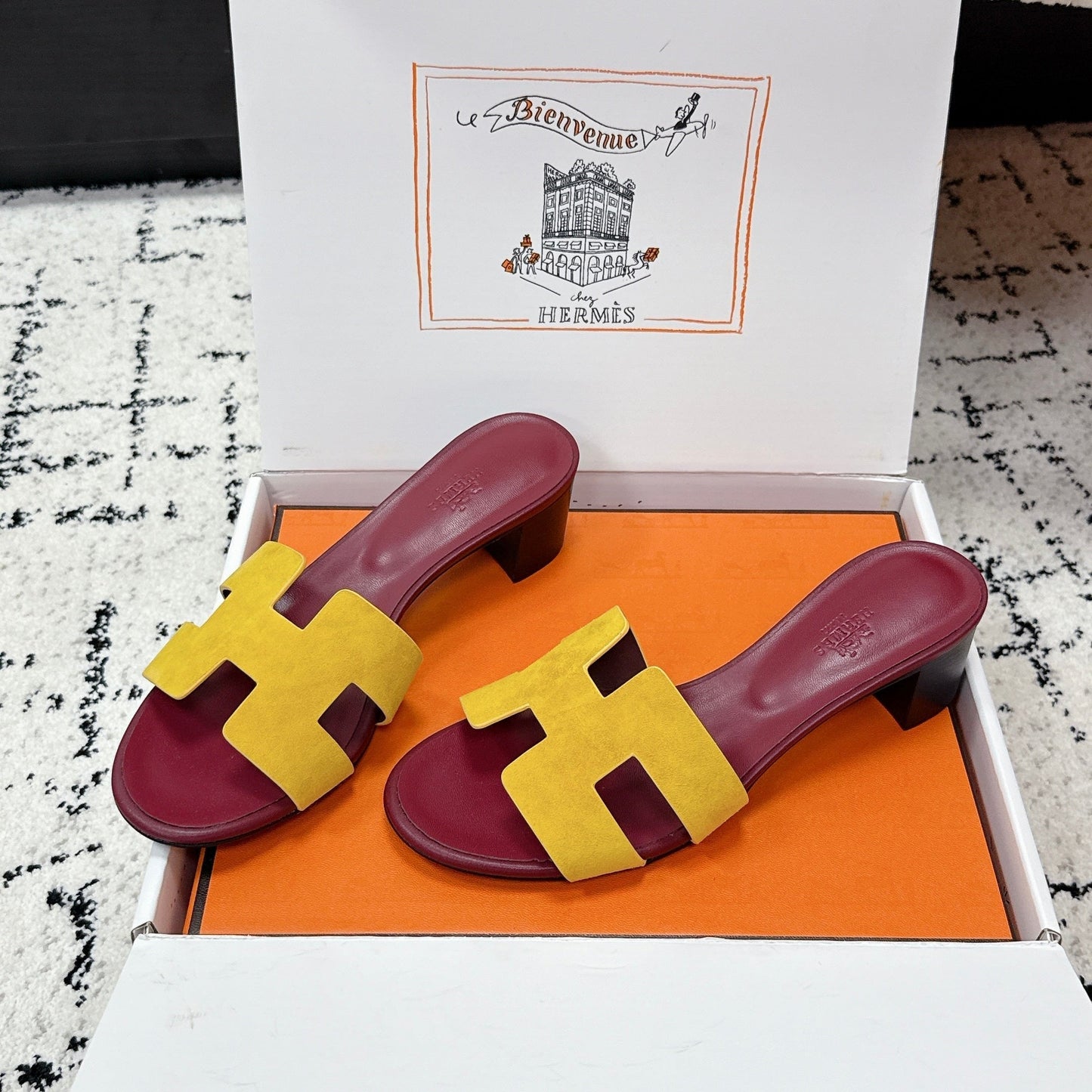 HM 26ss High-Heeled Sandals 50 Burgundy Yellow Cowhide 617229