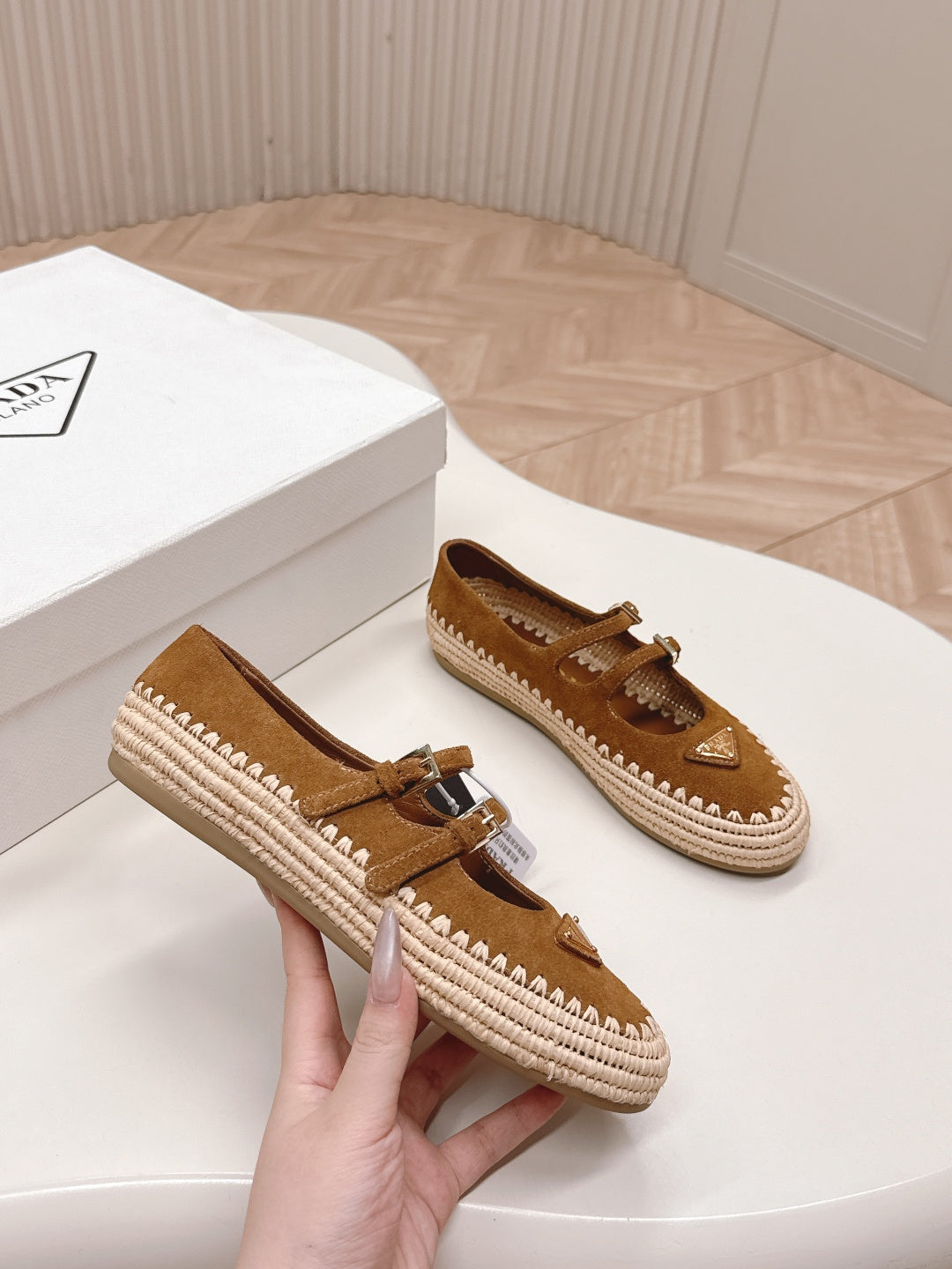 Prada 26s Mary Jane Espadrilles Shoes In Caramel Brown Suede With Logo