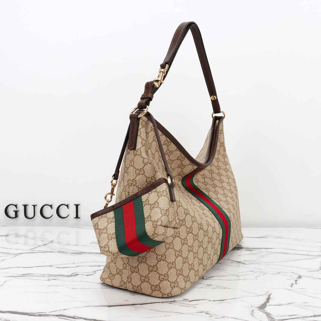 Gucci 2026 Large Shoulder Bag With Web 40cm Sand mix Brown Canvas Leather