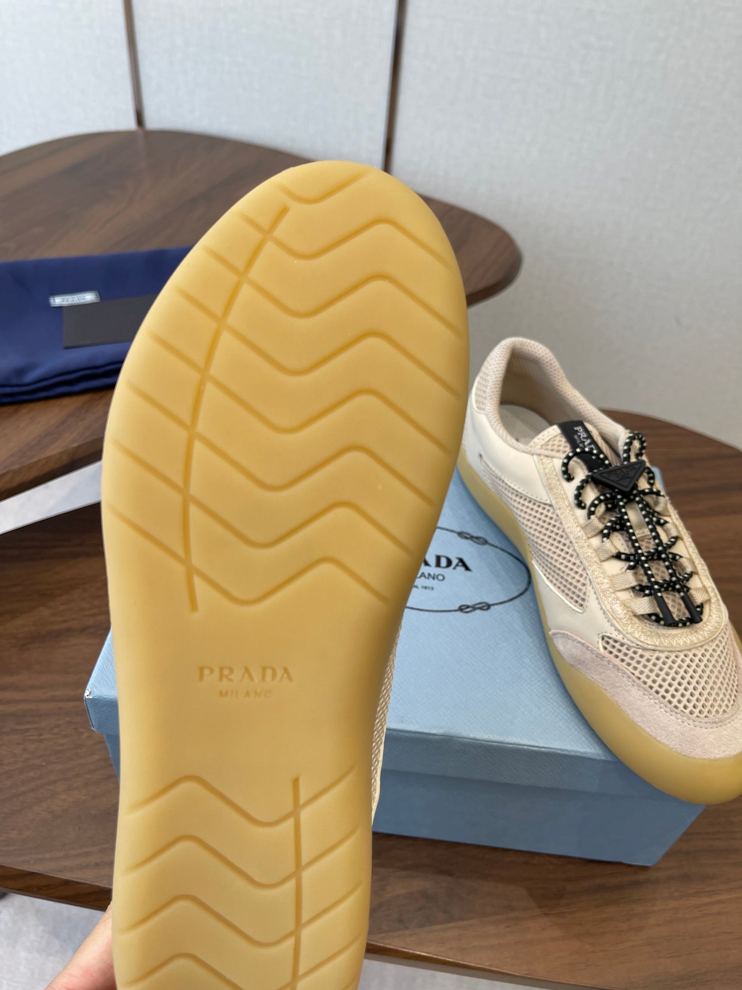 Prada Speedrock Sneakers Desert Beige Mesh Fabric 727602