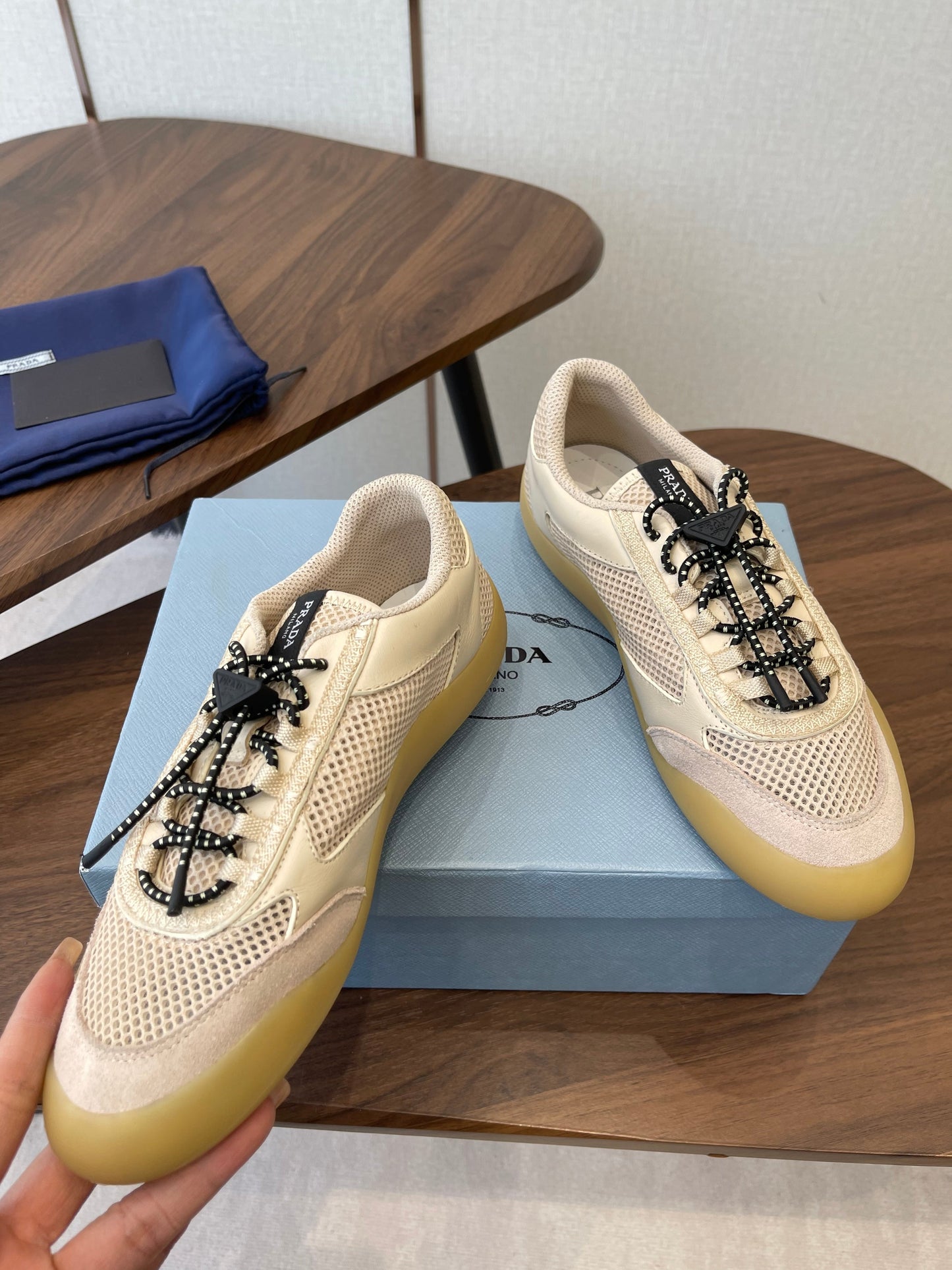 Prada Speedrock Sneakers Desert Beige Mesh Fabric 727602