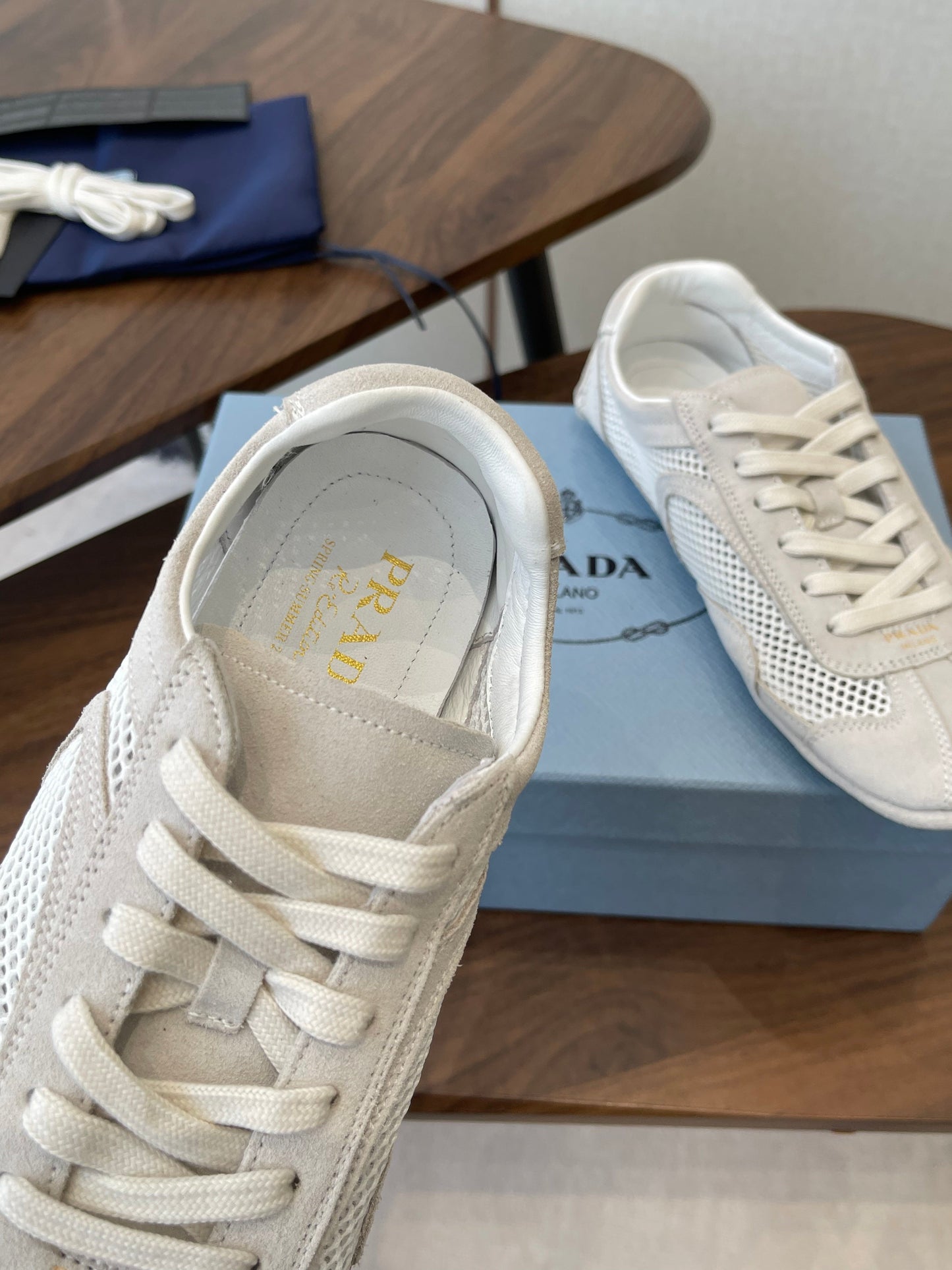 Prada Low-Top Sneakers Off White Mesh Suede 727612