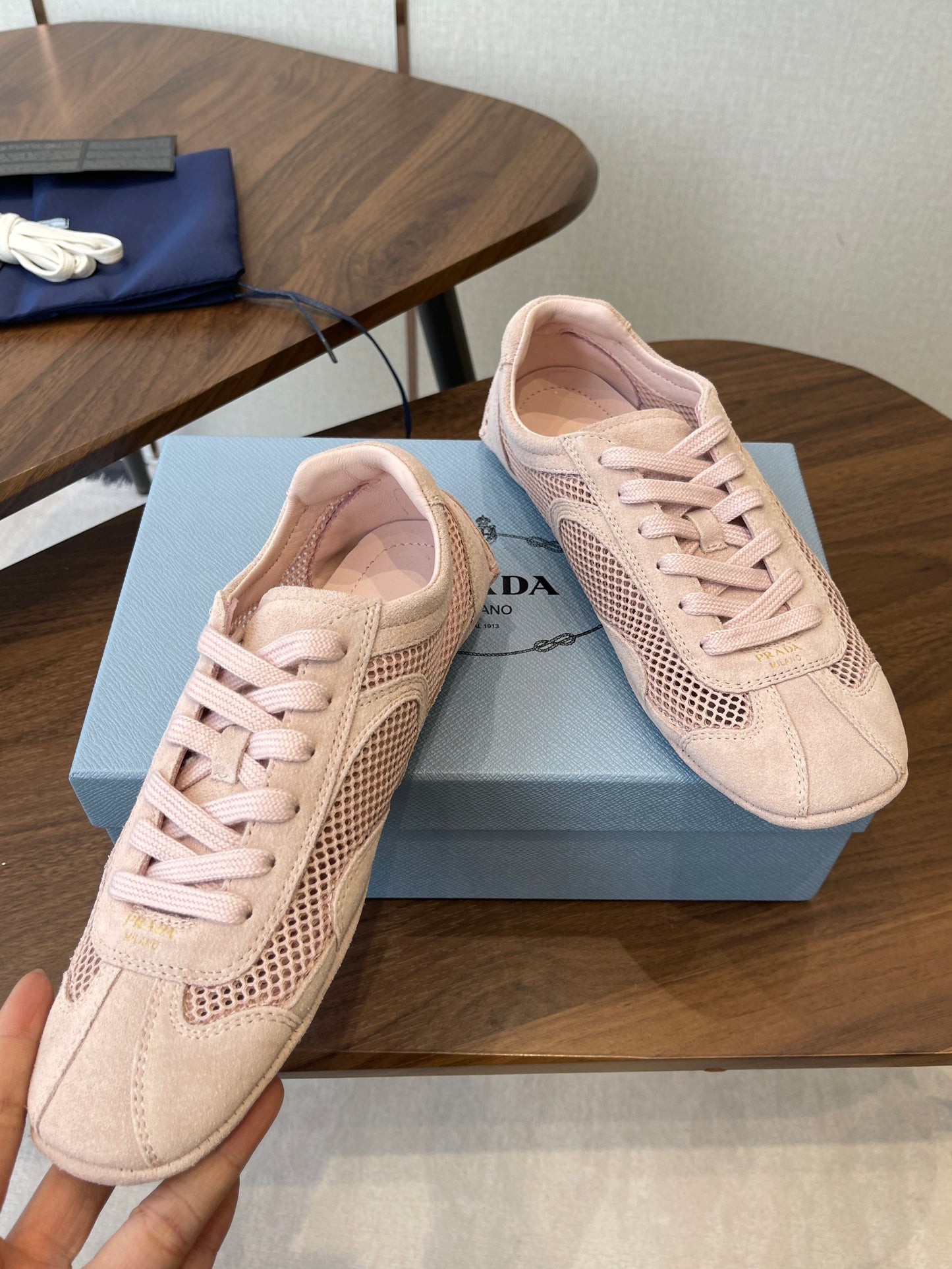 Prada Low-Top Sneakers Light Pink Mesh Suede 727615