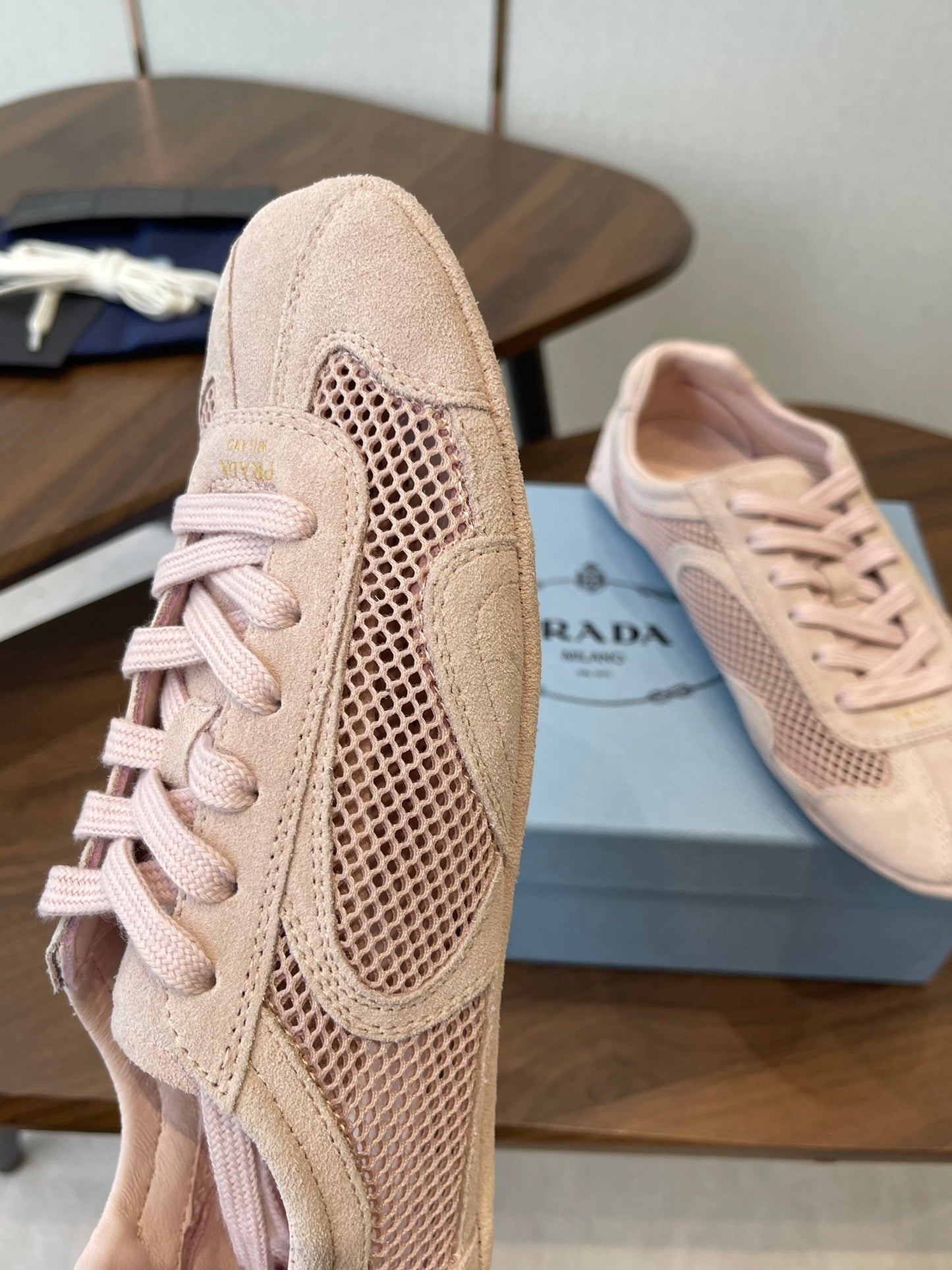 Prada Low-Top Sneakers Light Pink Mesh Suede 727615