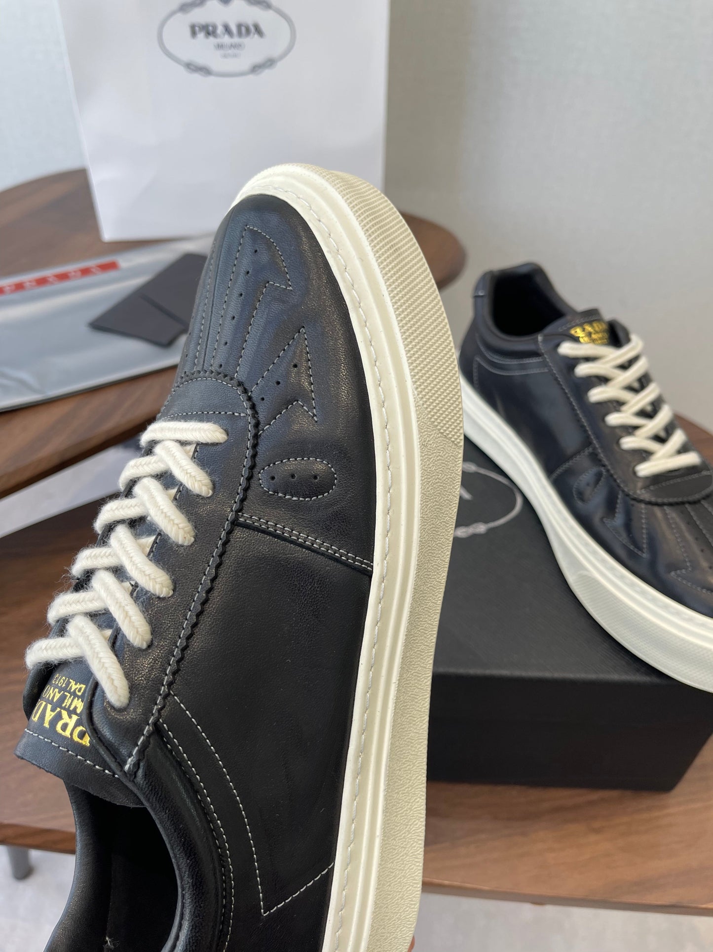 Prada 26s Sneaker Black Stitched Pattern Leather 727639