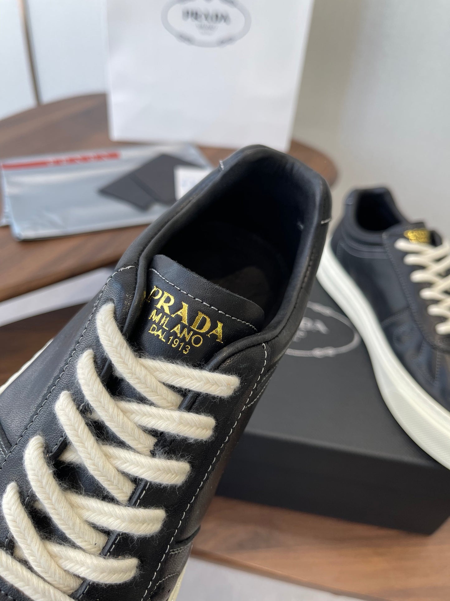 Prada 26s Sneaker Black Stitched Pattern Leather 727639