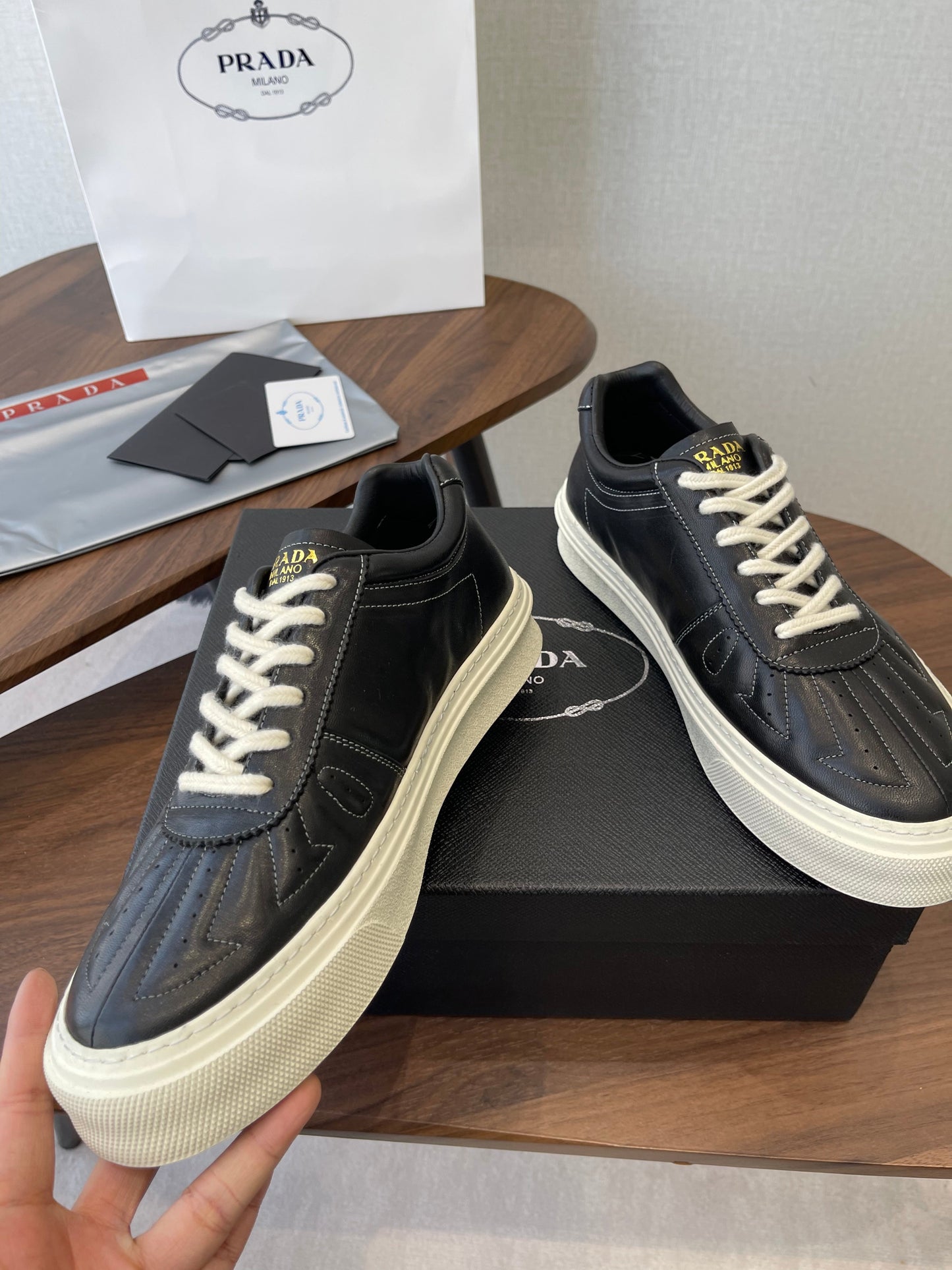 Prada 26s Sneaker Black Stitched Pattern Leather 727639