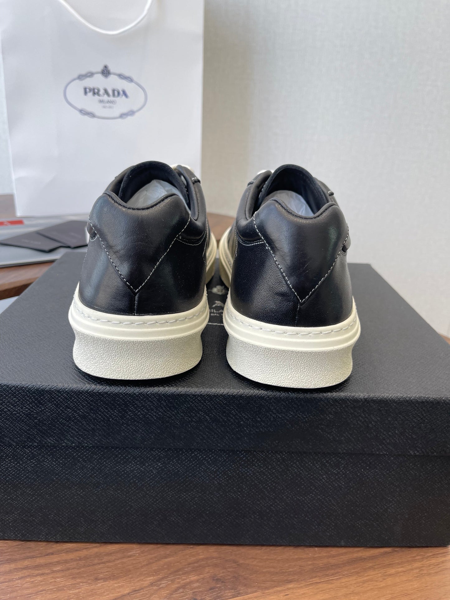 Prada 26s Sneaker Black Stitched Pattern Leather 727639