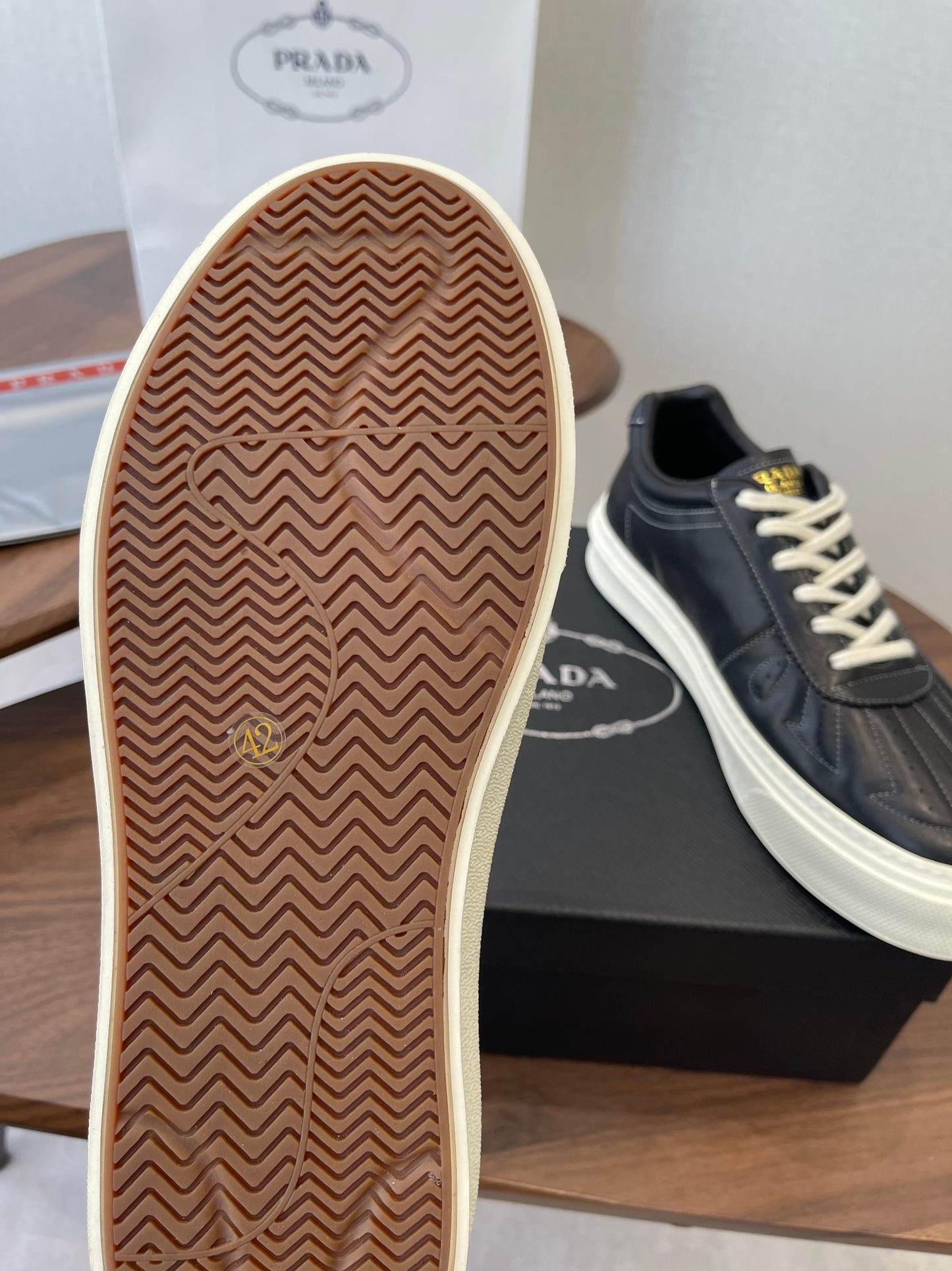 Prada 26s Sneaker Black Stitched Pattern Leather 727639