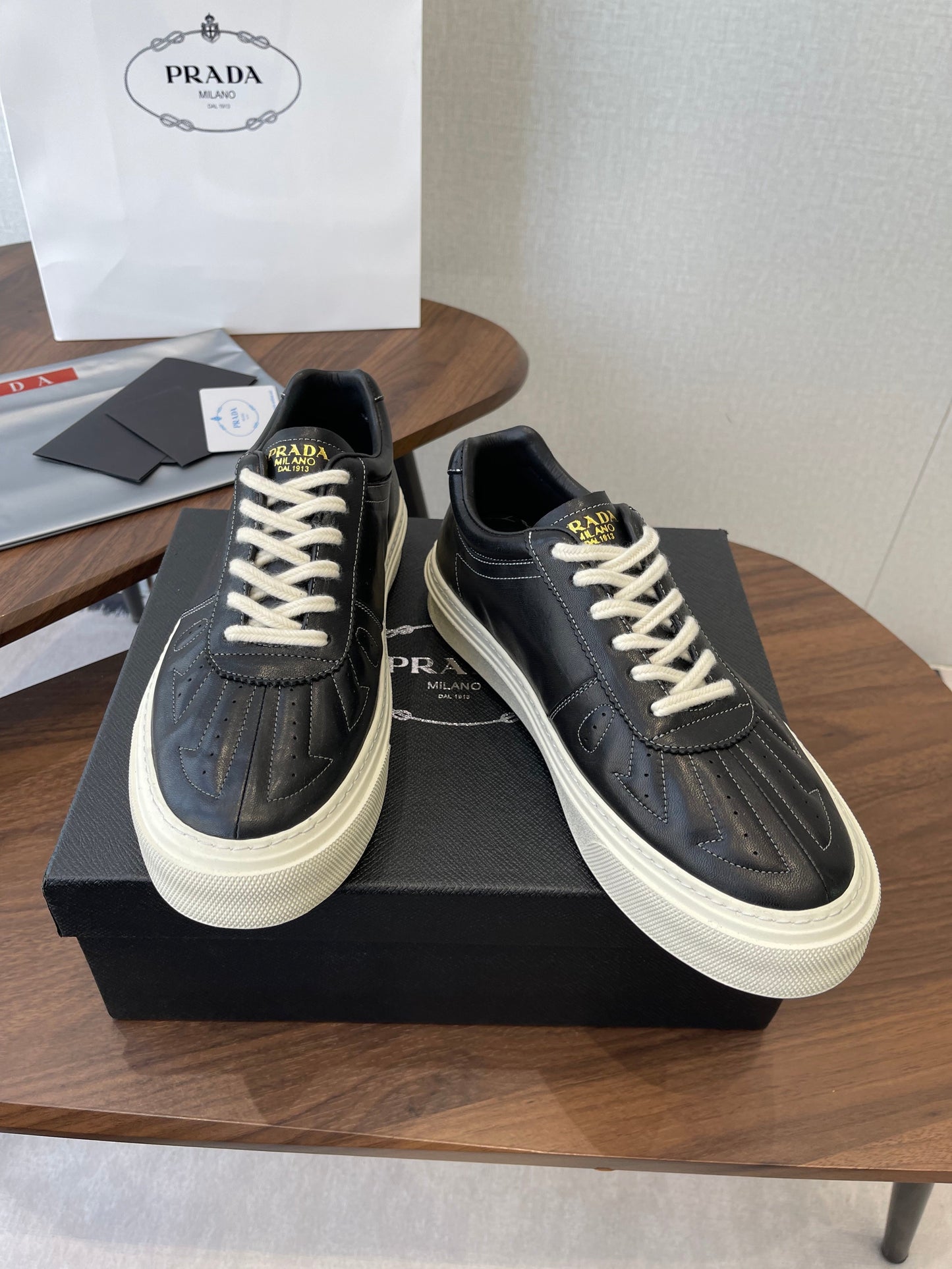 Prada 26s Sneaker Black Stitched Pattern Leather 727639