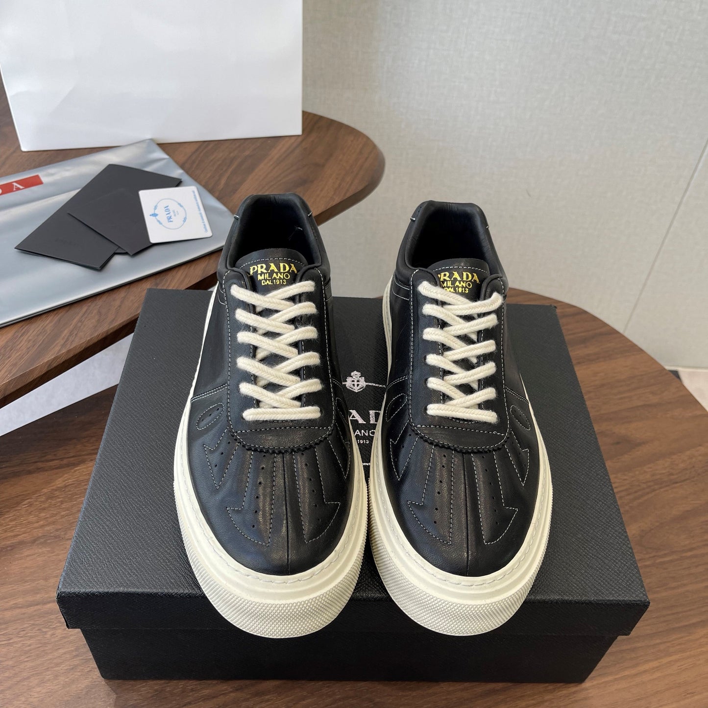 Prada 26s Sneaker Black Stitched Pattern Leather 727639