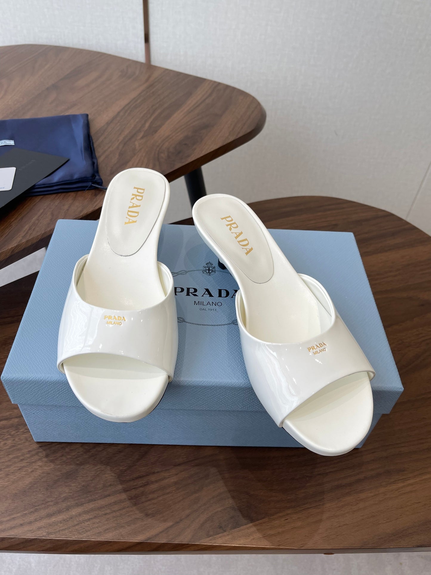 Prada Kitten Heel Sandals White Patent Leather 727641