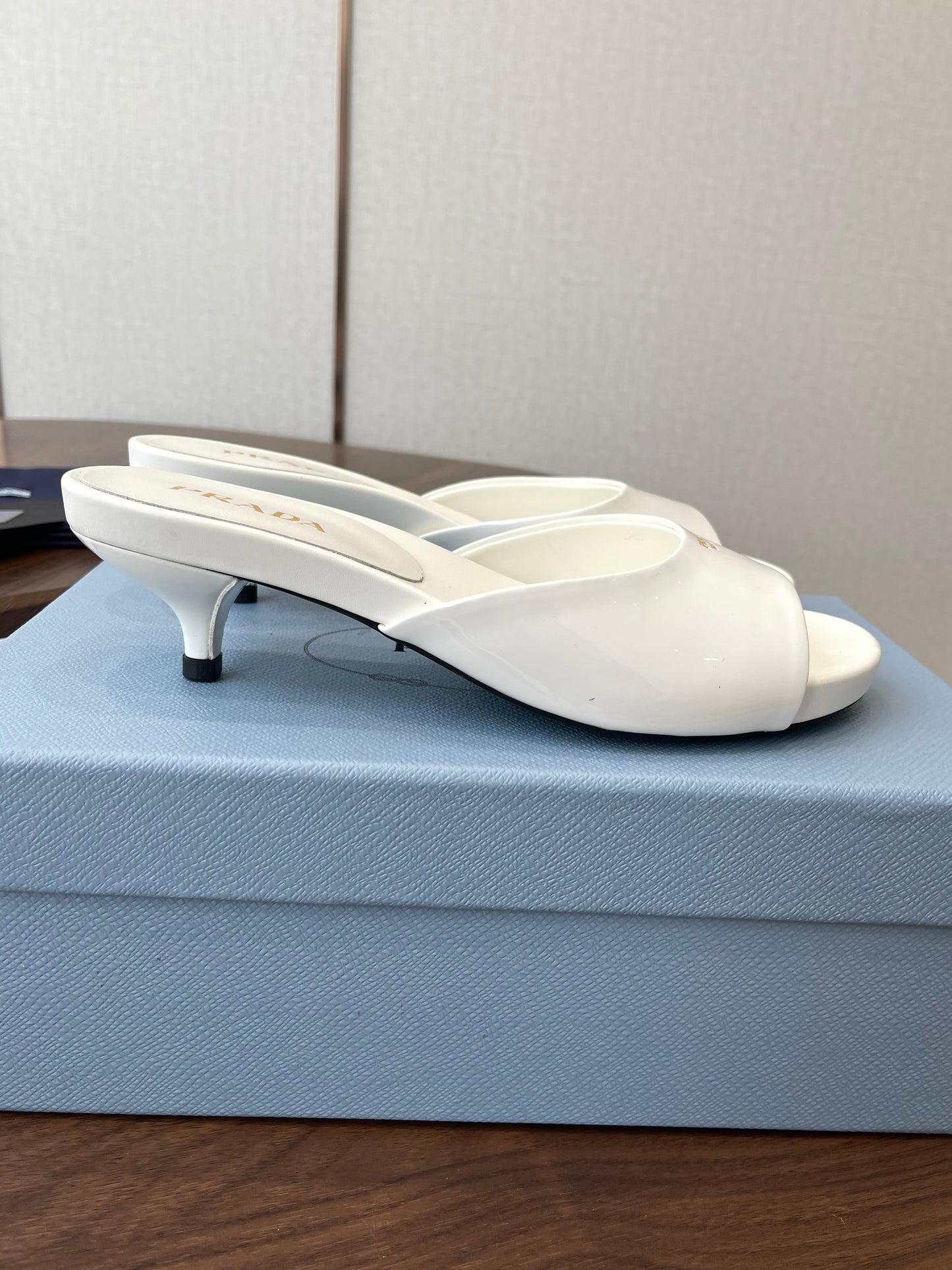 Prada Kitten Heel Sandals White Patent Leather 727641