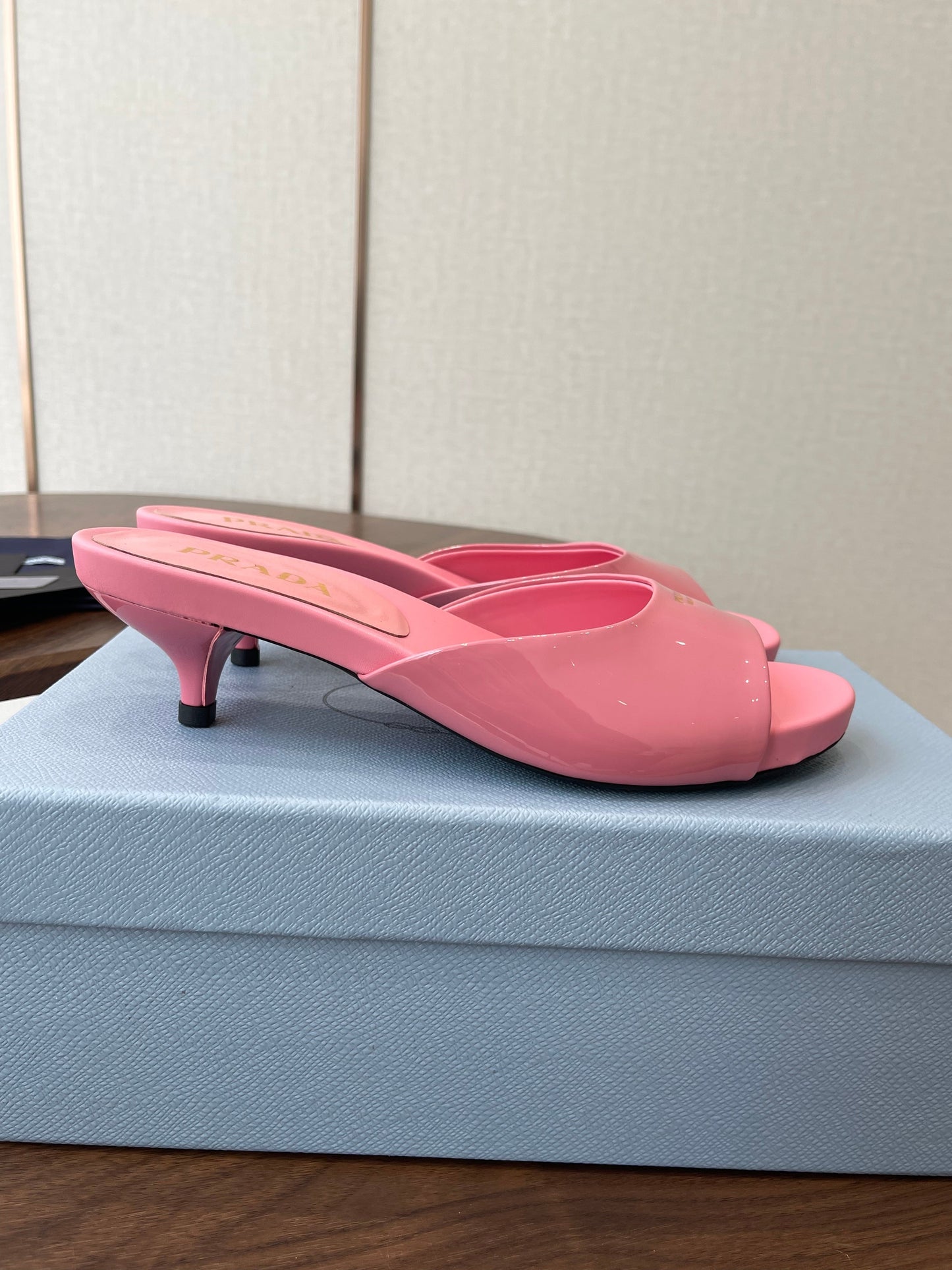 Prada Kitten Heel Sandals Pink Patent Leather 727642