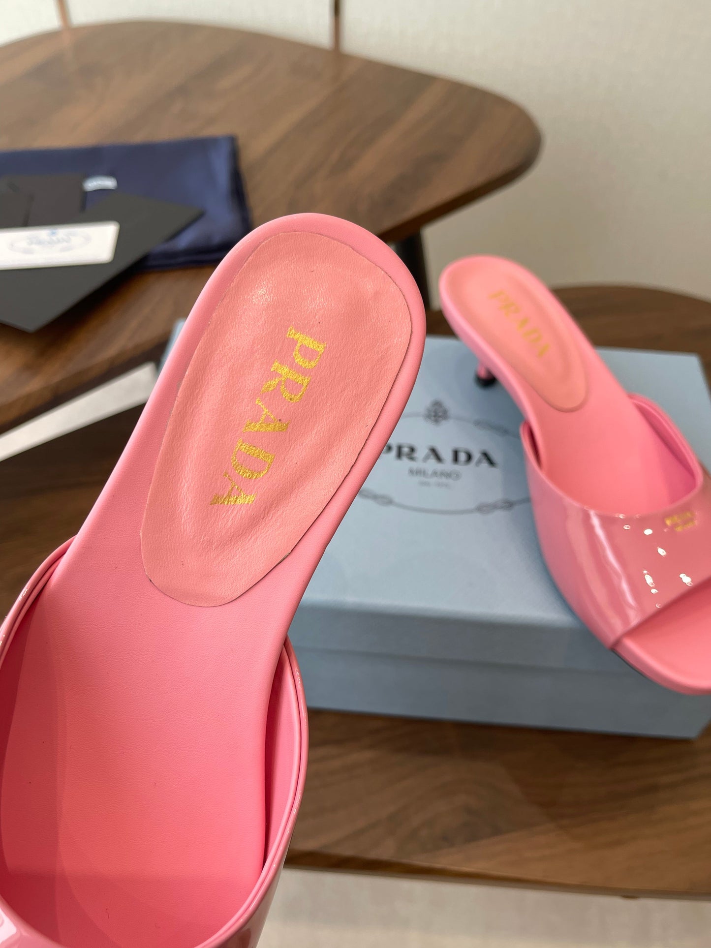 Prada Kitten Heel Sandals Pink Patent Leather 727642