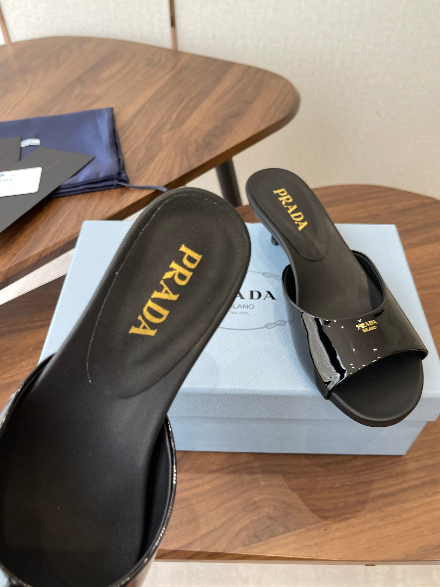 Prada Kitten Heel Sandals Black Patent Leather 727643