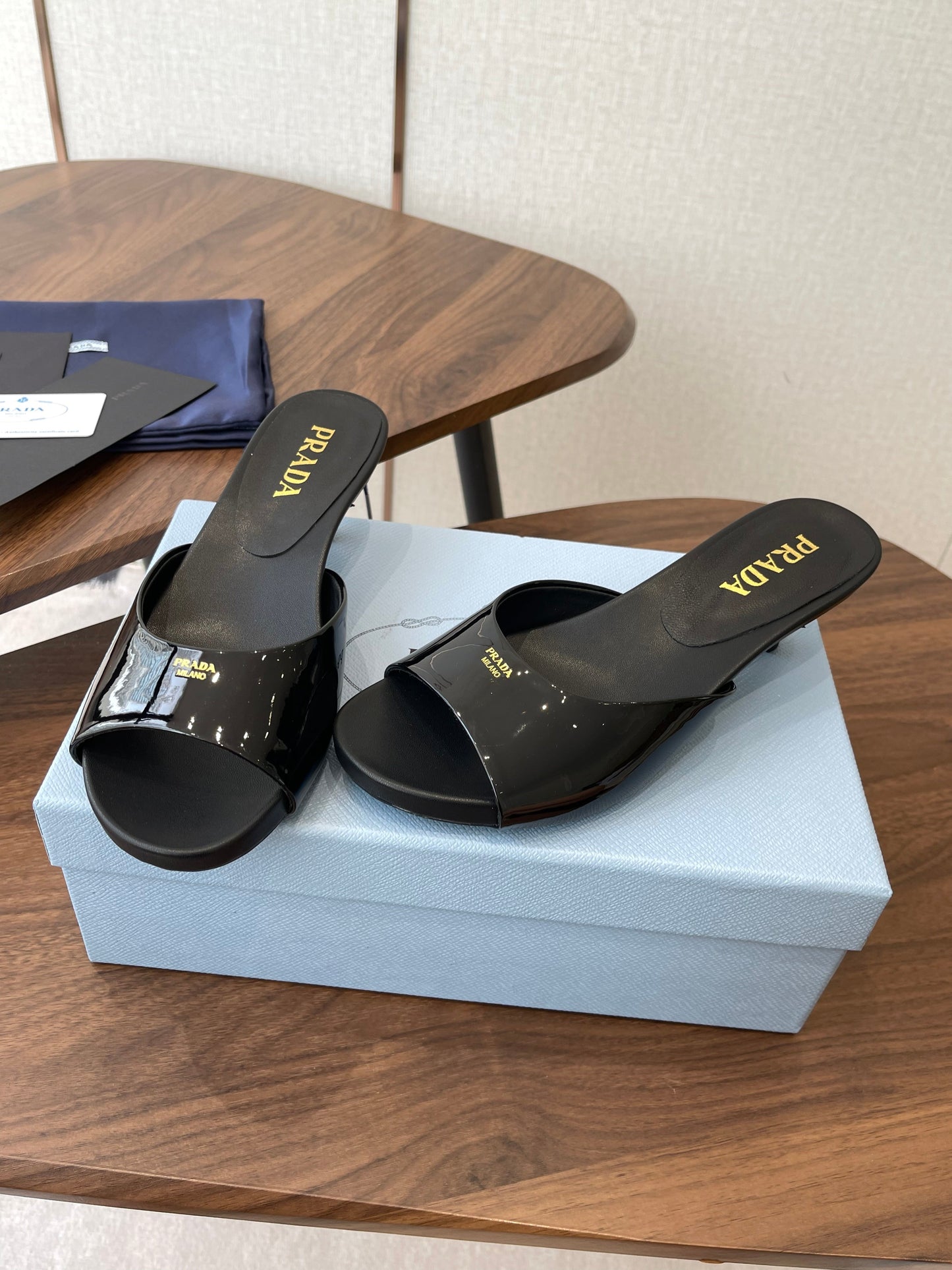 Prada Kitten Heel Sandals Black Patent Leather 727643