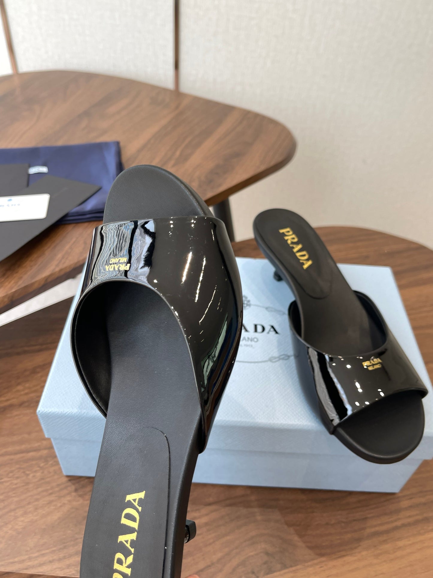 Prada Kitten Heel Sandals Black Patent Leather 727643