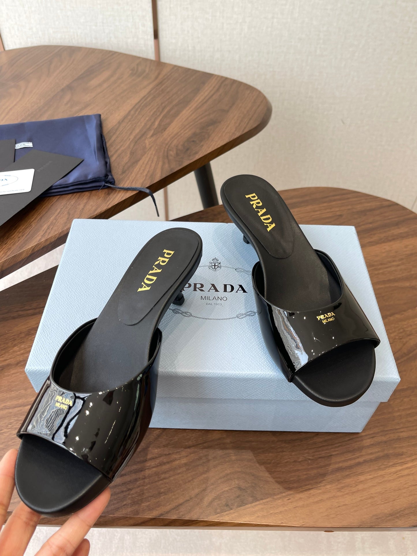 Prada Kitten Heel Sandals Black Patent Leather 727643