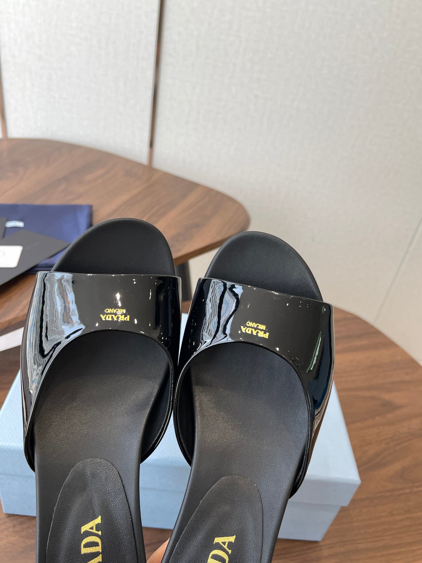 Prada Kitten Heel Sandals Black Patent Leather 727643