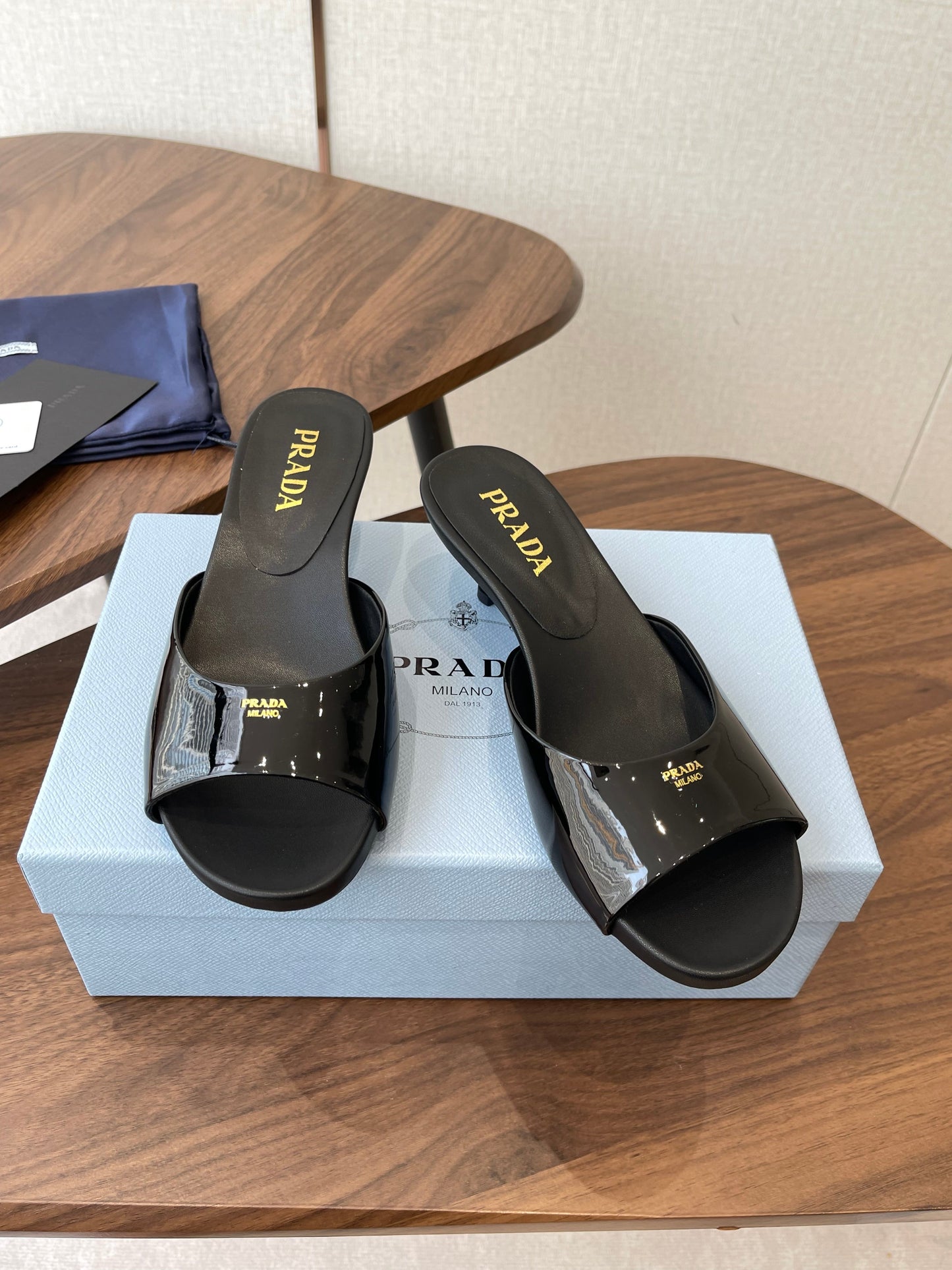 Prada Kitten Heel Sandals Black Patent Leather 727643