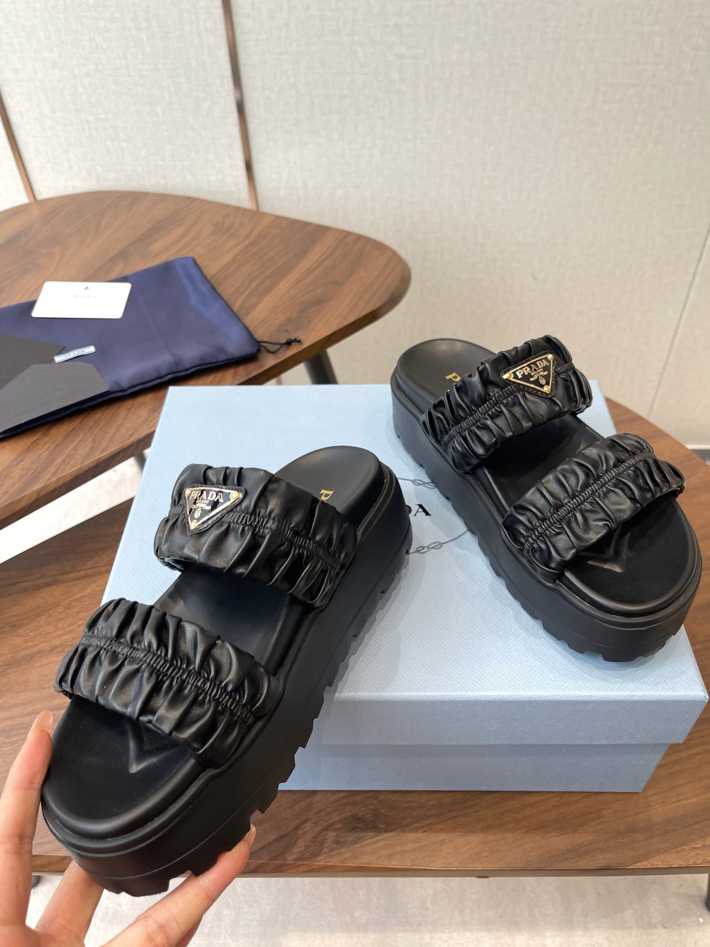 Prada 26s Flatform Slides Black Matelassé Leather 727650