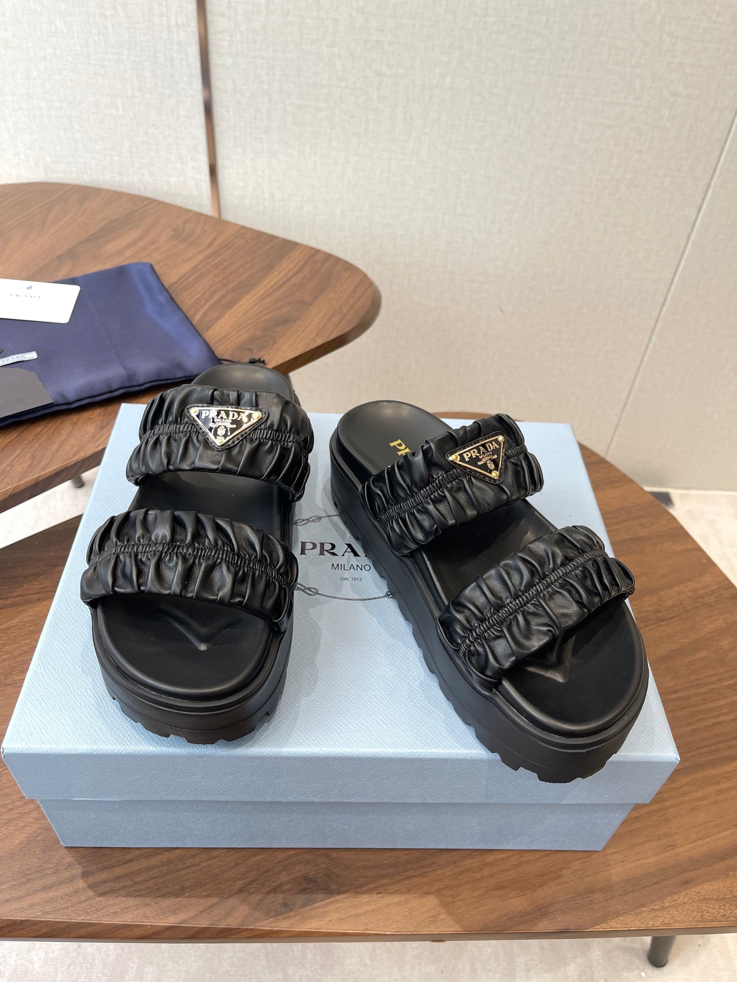 Prada 26s Flatform Slides Black Matelassé Leather 727650