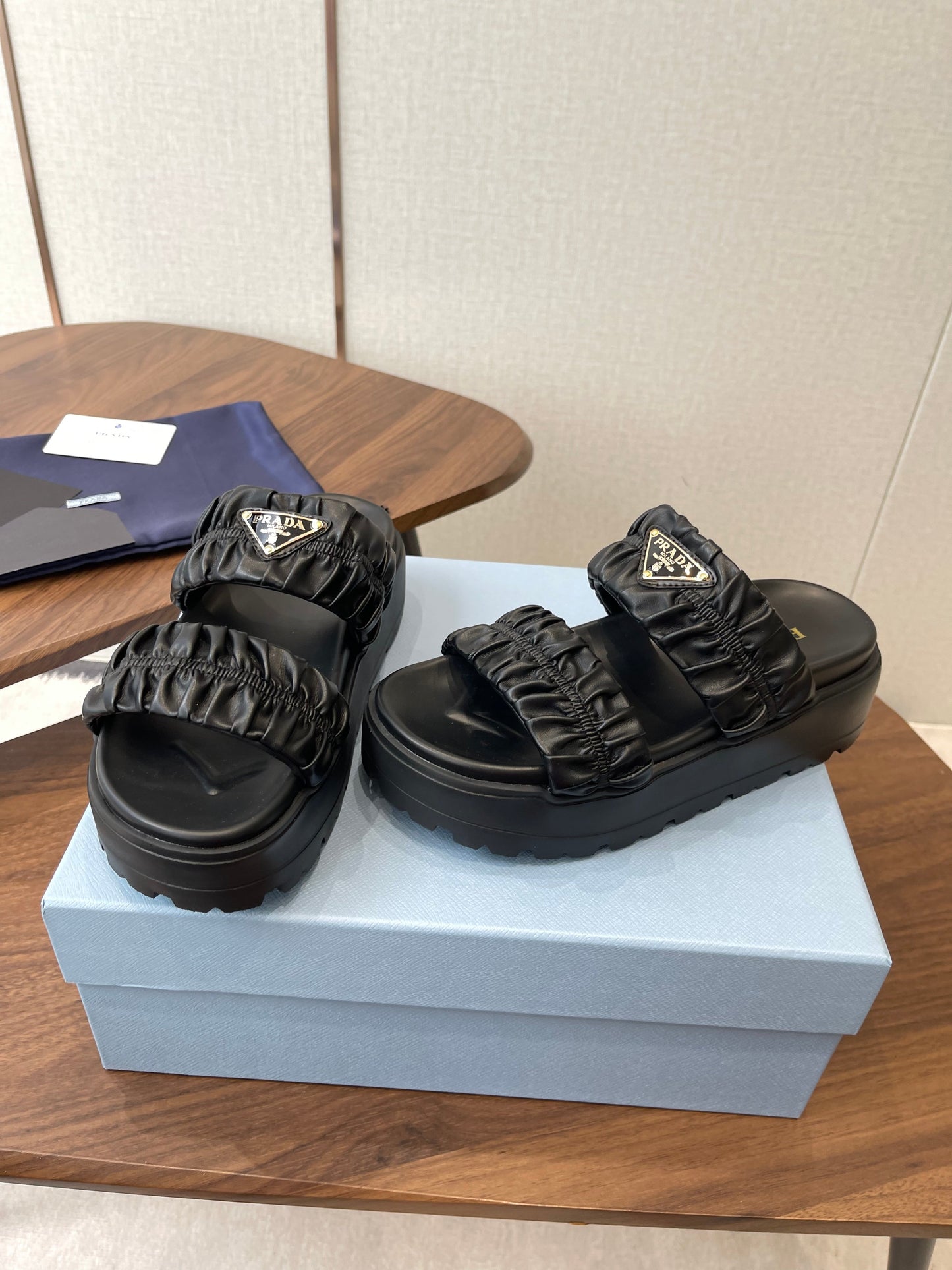 Prada 26s Flatform Slides Black Matelassé Leather 727650