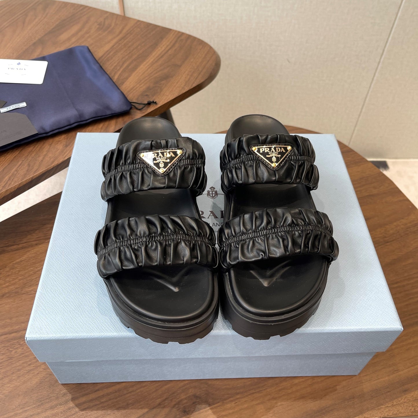 Prada 26s Flatform Slides Black Matelassé Leather 727650