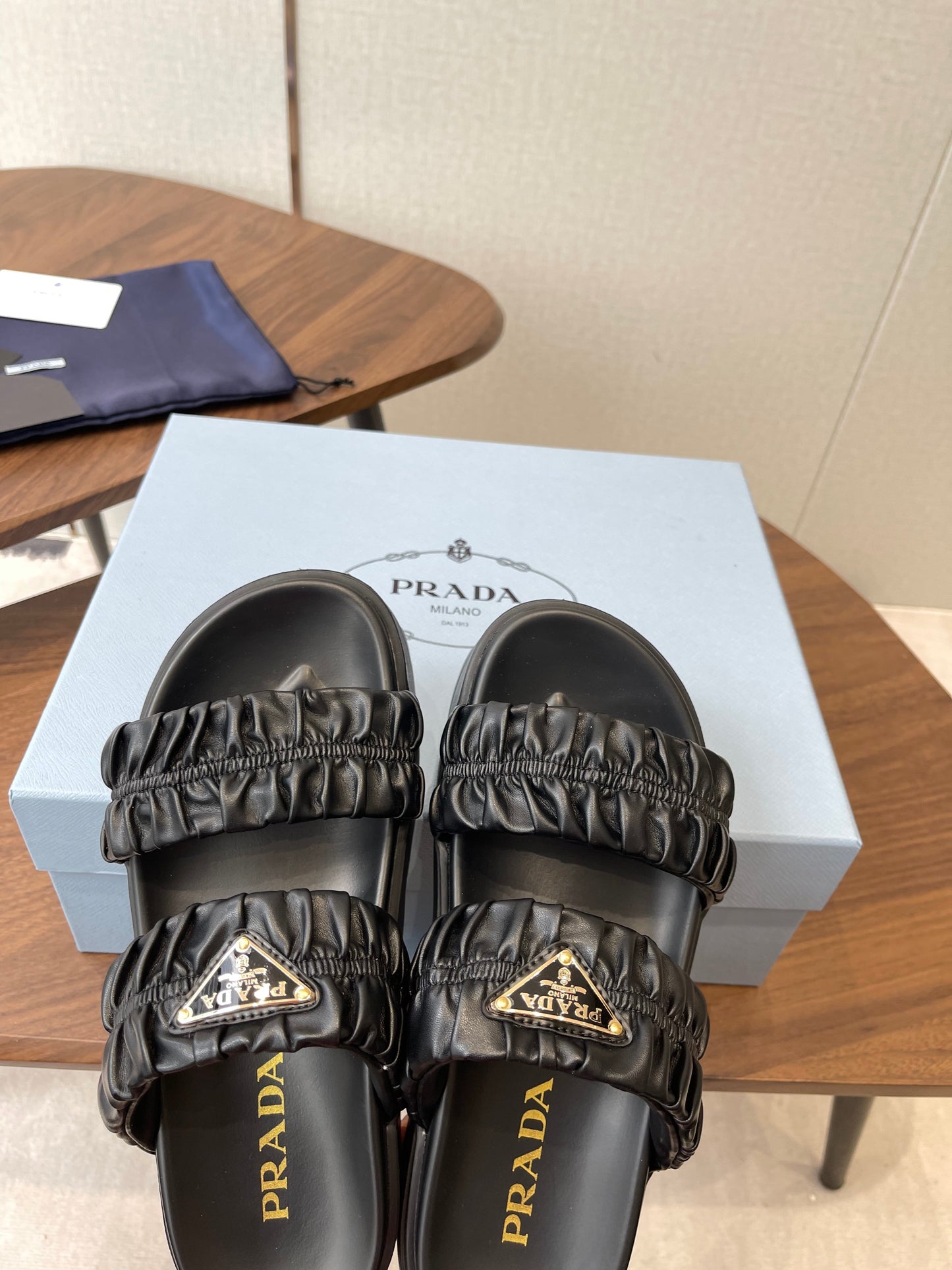Prada 26s Flatform Slides Black Matelassé Leather 727650