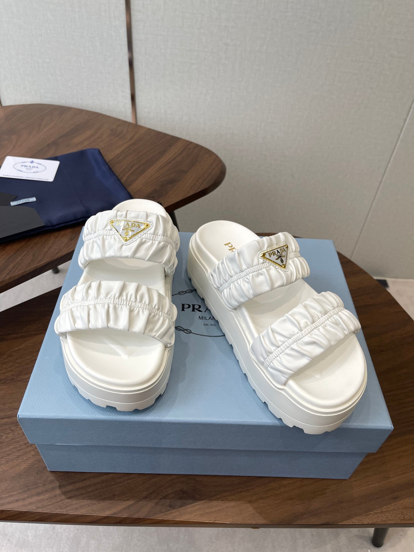 Prada 26s Flatform Slides White Matelassé Leather 727651