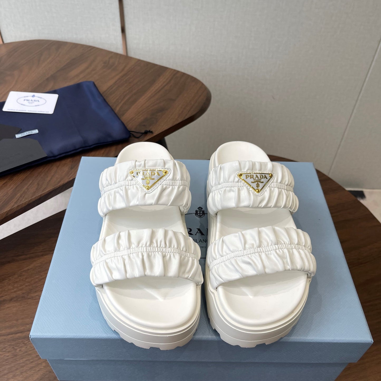 Prada 26s Flatform Slides White Matelassé Leather 727651
