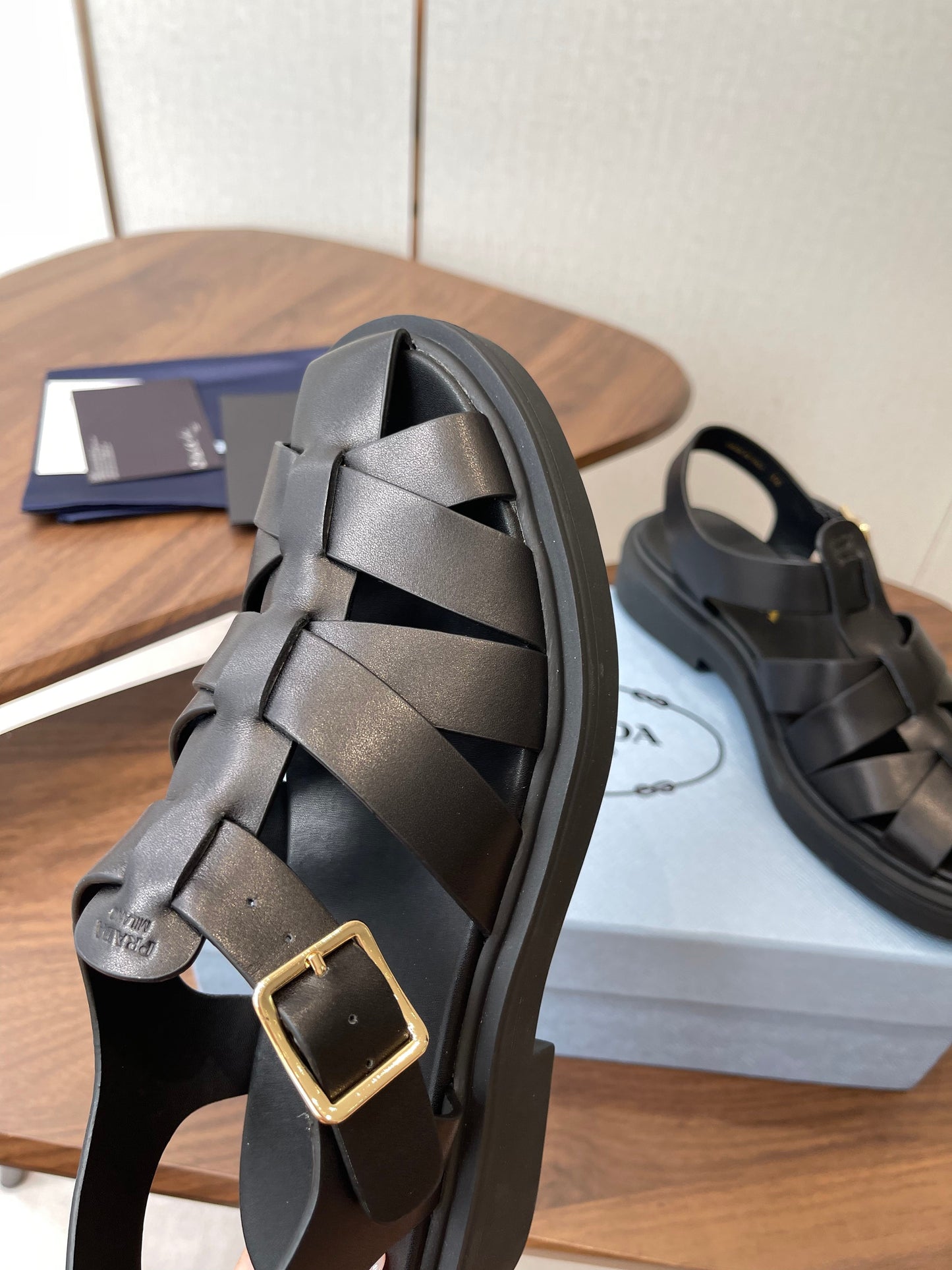 Prada 26s Fisherman's Sandals Black Leather 727674