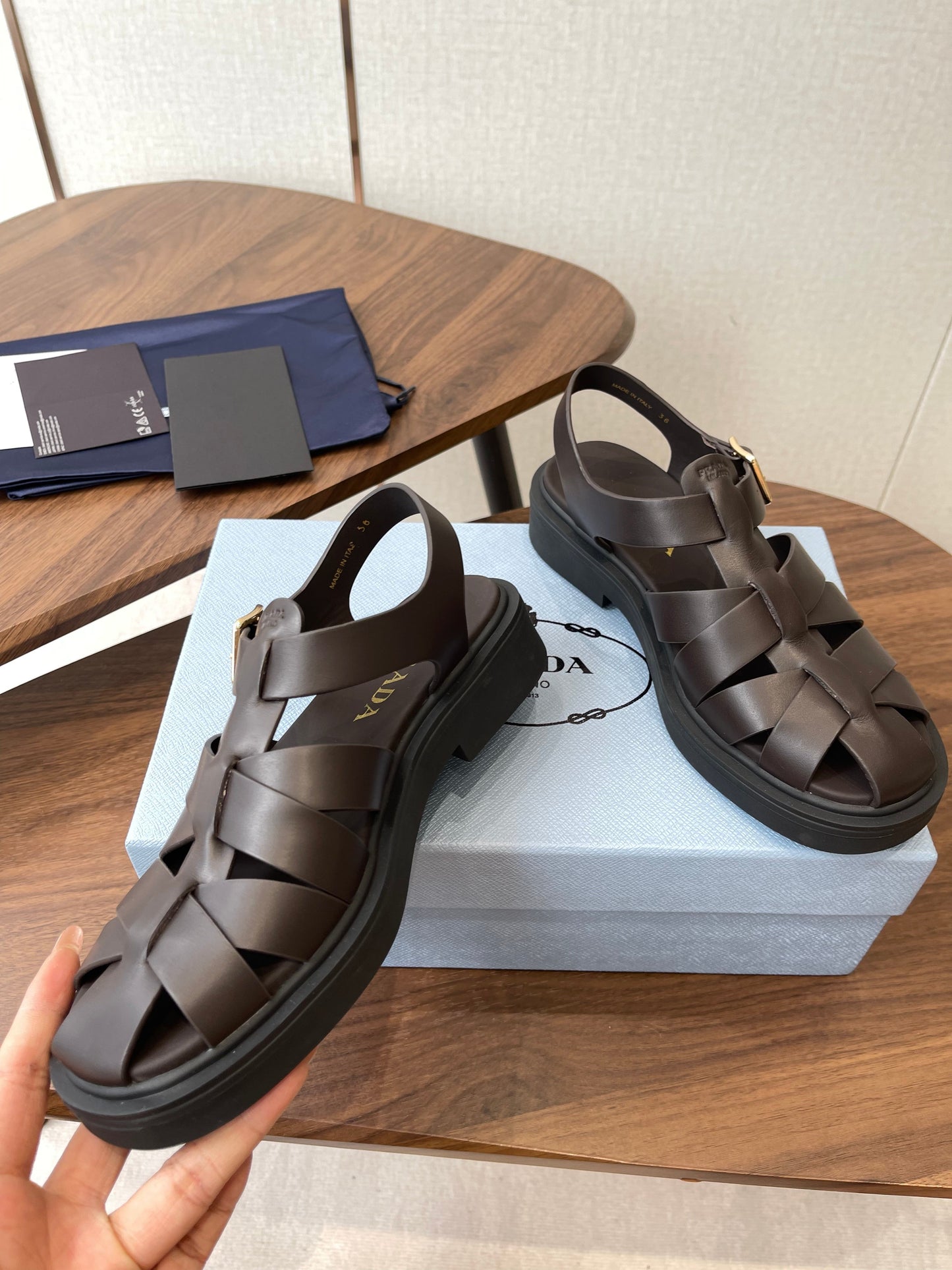 Prada 26s Fisherman's Sandals Coffee Leather 727675