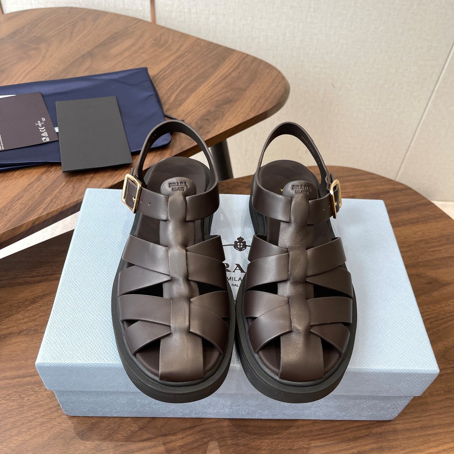 Prada 26s Fisherman's Sandals Coffee Leather 727675