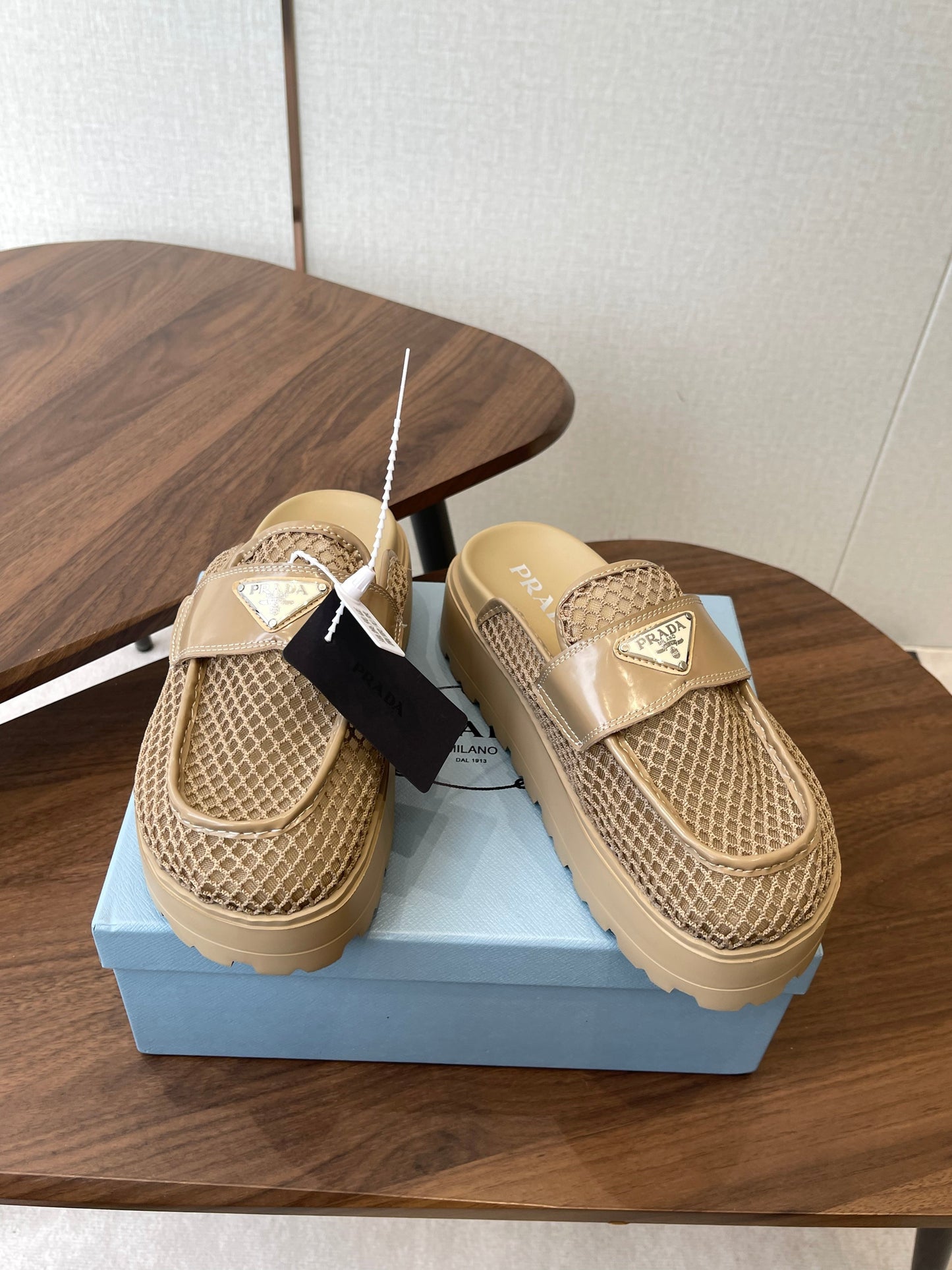 Prada 26s Mules Beige Mesh Fabric 727680