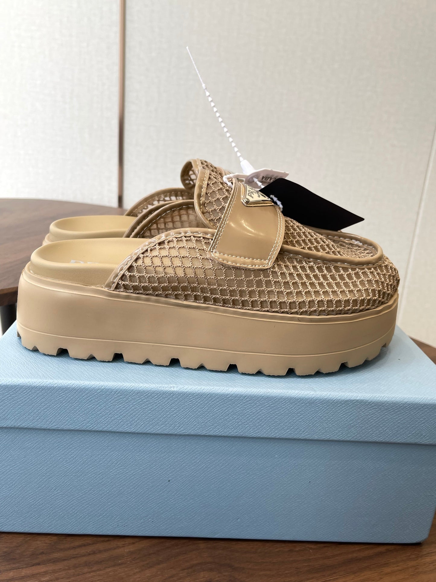 Prada 26s Mules Beige Mesh Fabric 727680
